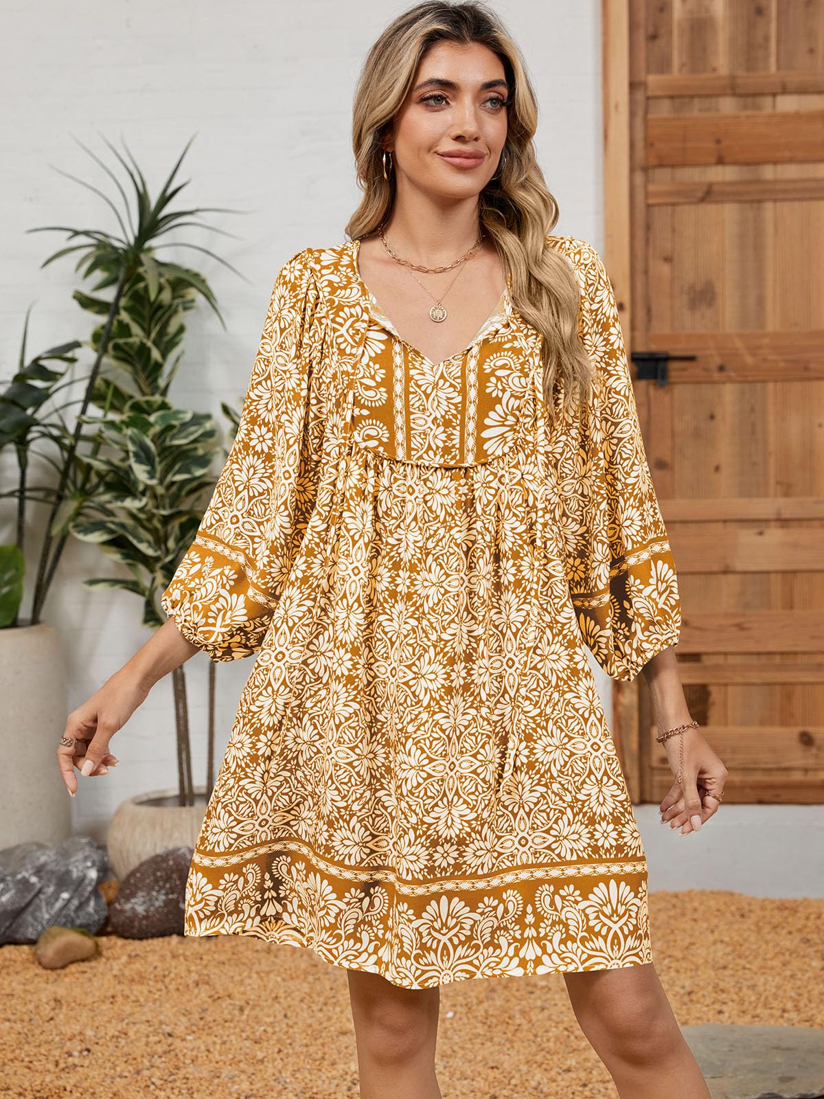 Qearal Summer Dresses for Women 2026 Vacation, 3/4 Sleeve Loose Tunic Dress Boho Beach Sun Dress Knee Length Brown XL