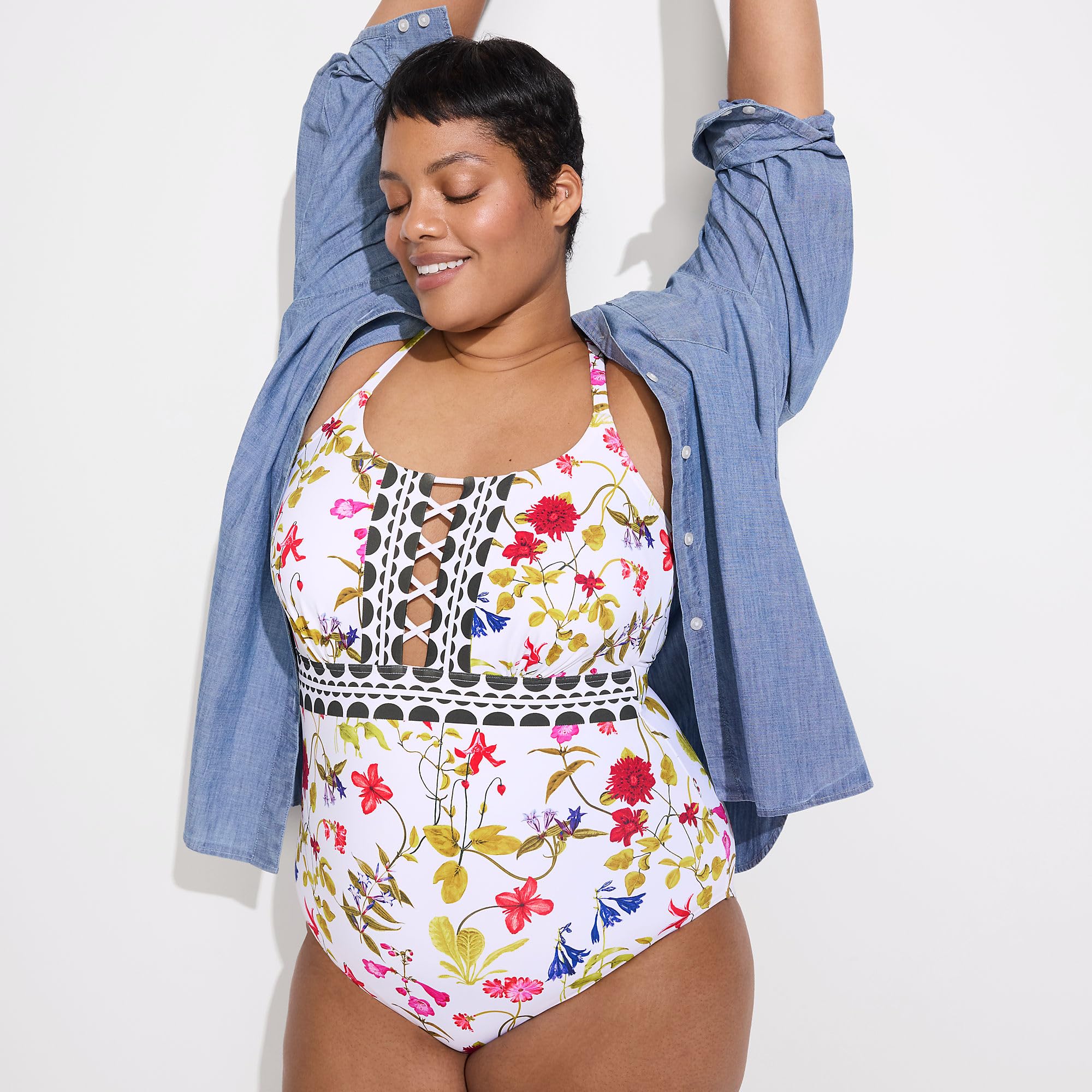 Lands' End Women's Lace Up One Piece Swimsuit 2 White Multi Garden Floral