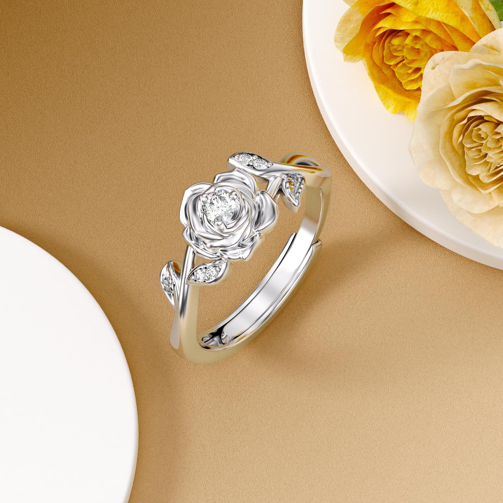 LWXIE Diamond Rose Open Ring for Women 925 Sterling Silver Rose Flower Adjustable Finger Rings Jewelry Birthday Anniversary Christmas Gifts for Mom Wife Lover Girlfriend Her