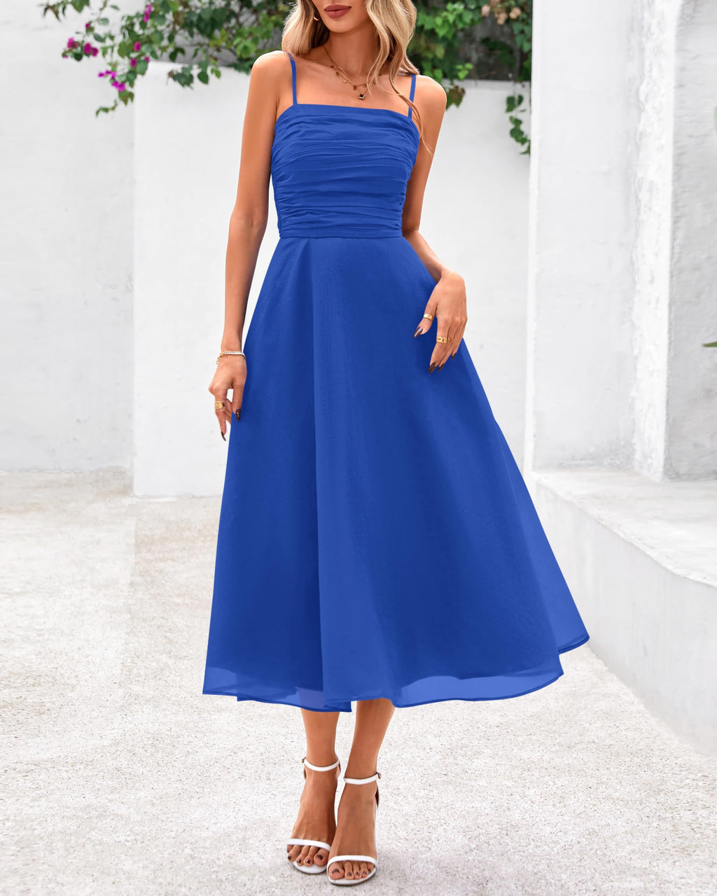 PRETTYGARDEN Womens Summer Dresses 2025 Spaghetti Strap Sleeveless Smocked Flowy Midi Wedding Guest Dress with Pockets(Blue,Large)