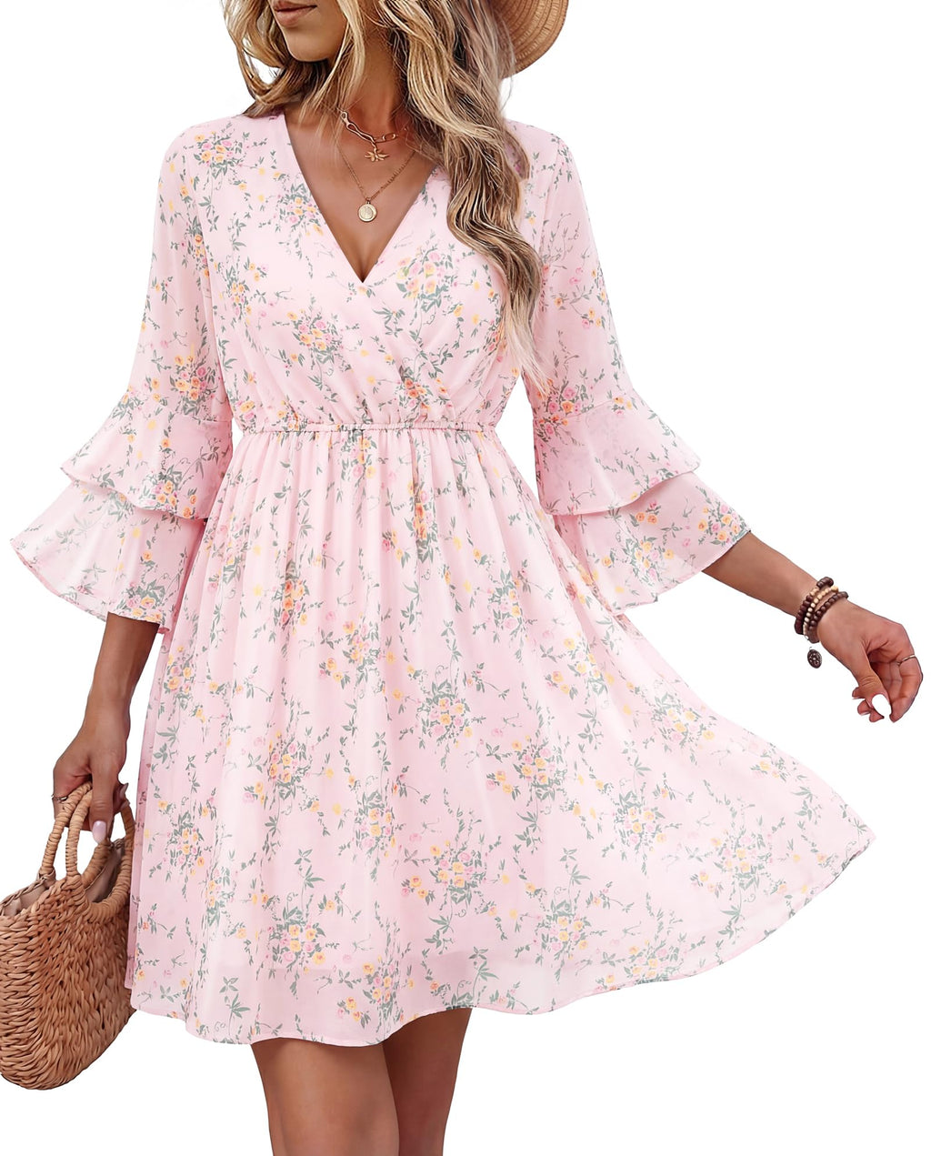 Bebonnie Pink Wedding Guest Dress: Curvy Women Spring Summer 3/4 Sleeve Flowy Engagement Birthday Wedding Guest Dress Garden Party Bridesmaid Date Night A Line Short Boho Maxi Dresses Multi Pink XXL