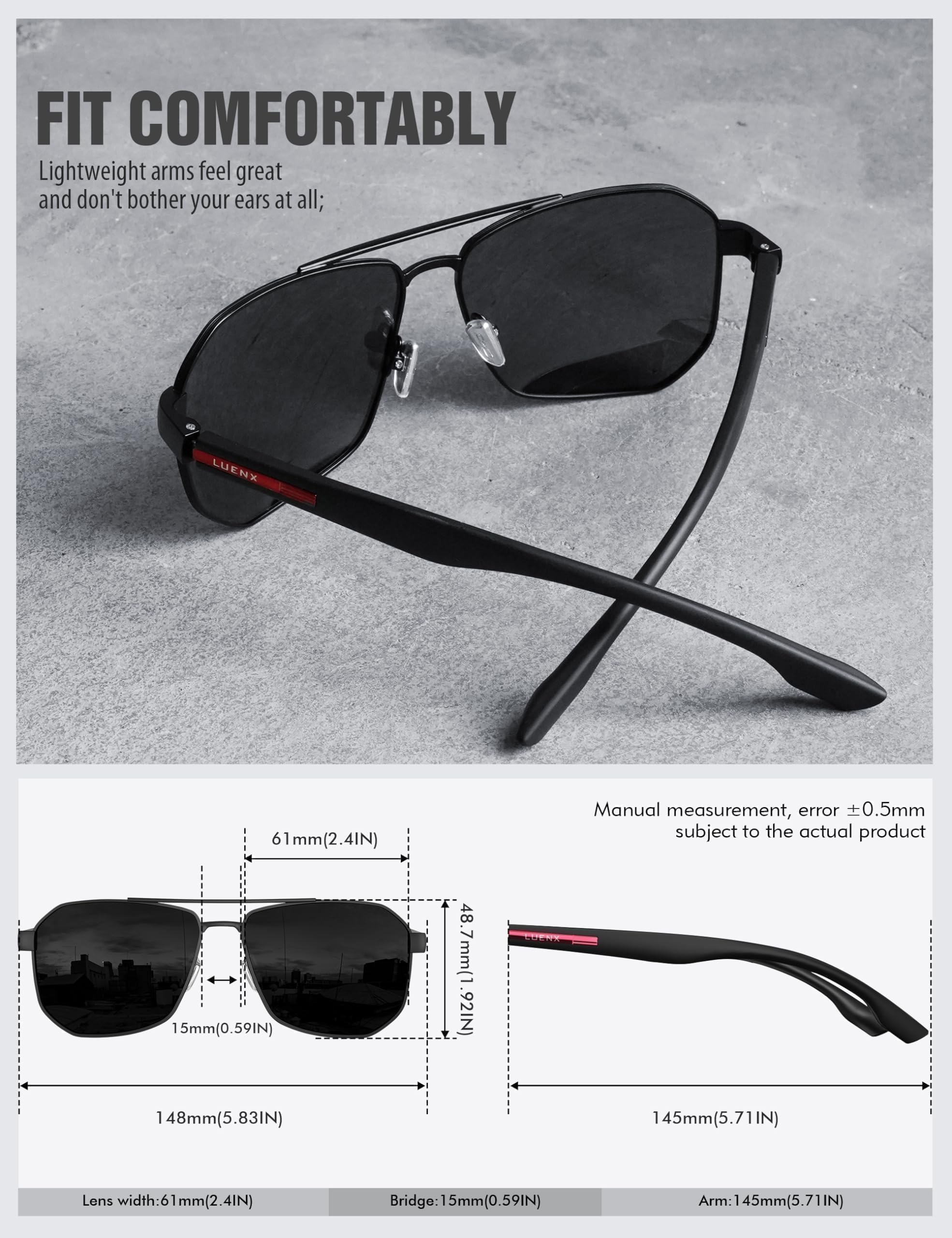LUENX Aviator Sunglasses for Men Square Polarized Polygon Lens - UV 400 Protection with Accessories Driving Outdoor 61MM Black Lens