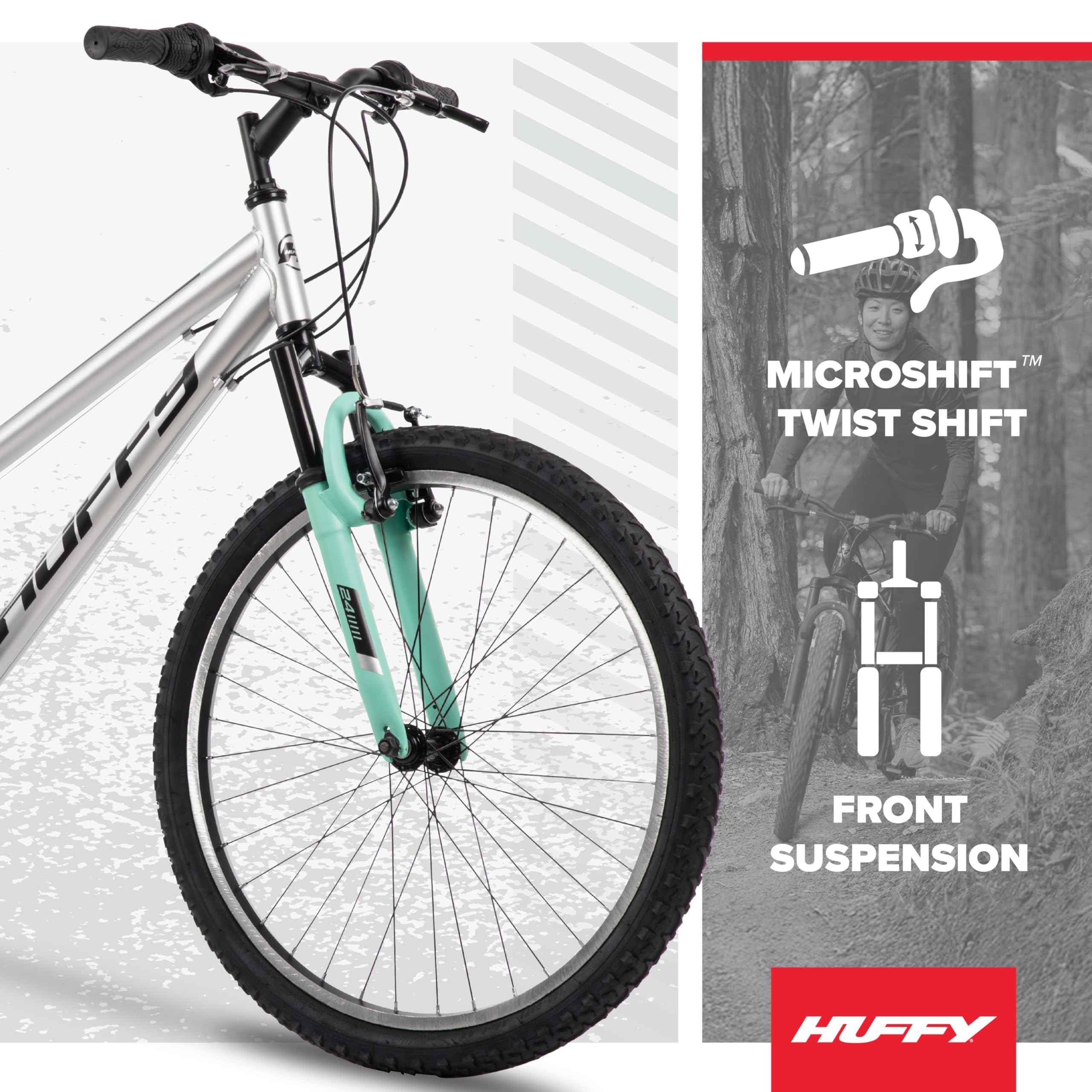 Huffy Stone Mountain Womens 24 Inch Mountain Bike, Metallic Nickel Frame, 21-Speed Shimano Twist Shifting, Front Suspension, Comfort Saddle | 20"/24"/26" Sizes, 6-21 Speeds, Dual Suspension Available