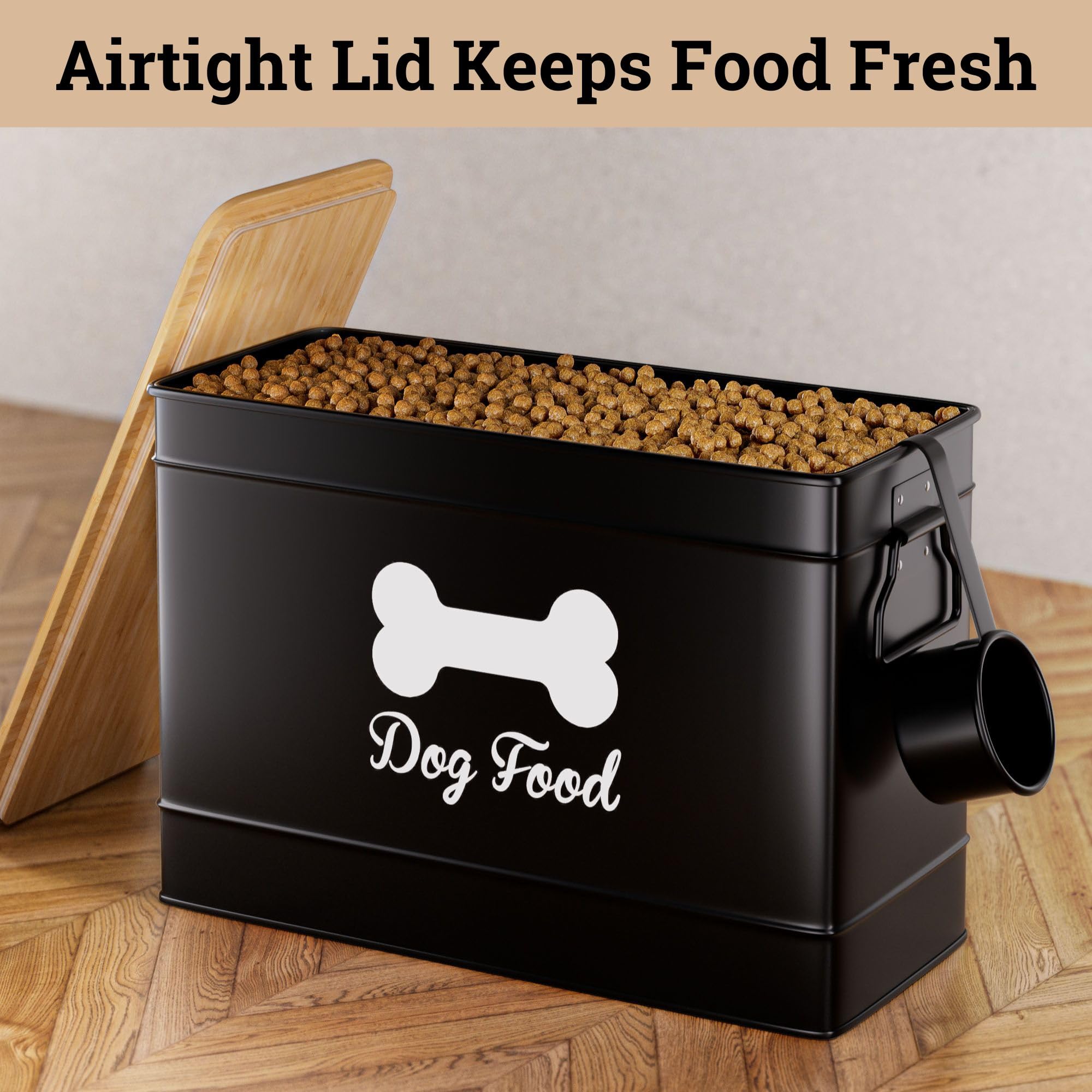 Dog Food Container Airtight 15 lb (50 Cup) Capacity with Metal Scoop - Cute Airtight Dog Food Storage Container with Bamboo Lid - Black Metal Kibble Storage Bin for Dogs up to 100 lbs - Big Pet Jar