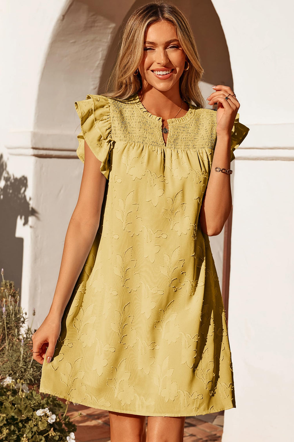 Dokotoo Wedding Guest Dresses for Women Ruffle Short Sleeve V Neck Smocked Floral Burnout Mini Dress Spring Summer Casual Boho Beach Vacation Clothes A Line Swing Sun Dress Plus Size Yellow Large