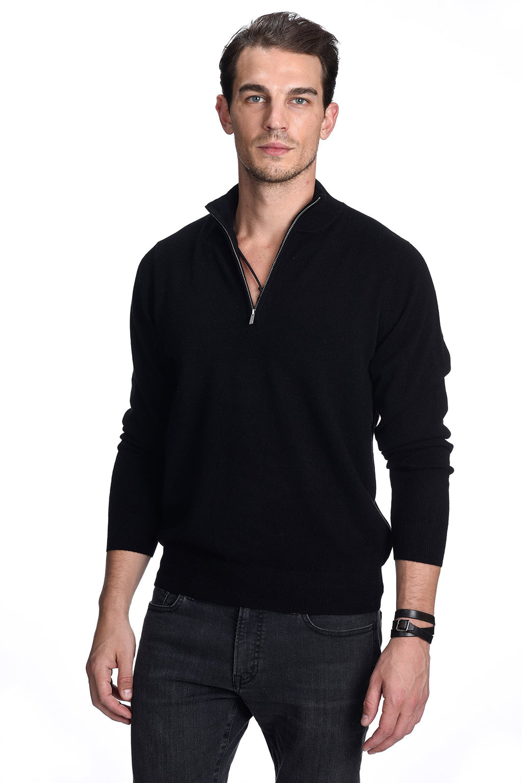 State Cashmere Men's Half Zip Mock Neck Sweater 100% Pure Cashmere Polo Neck Pullover (Black, Medium)