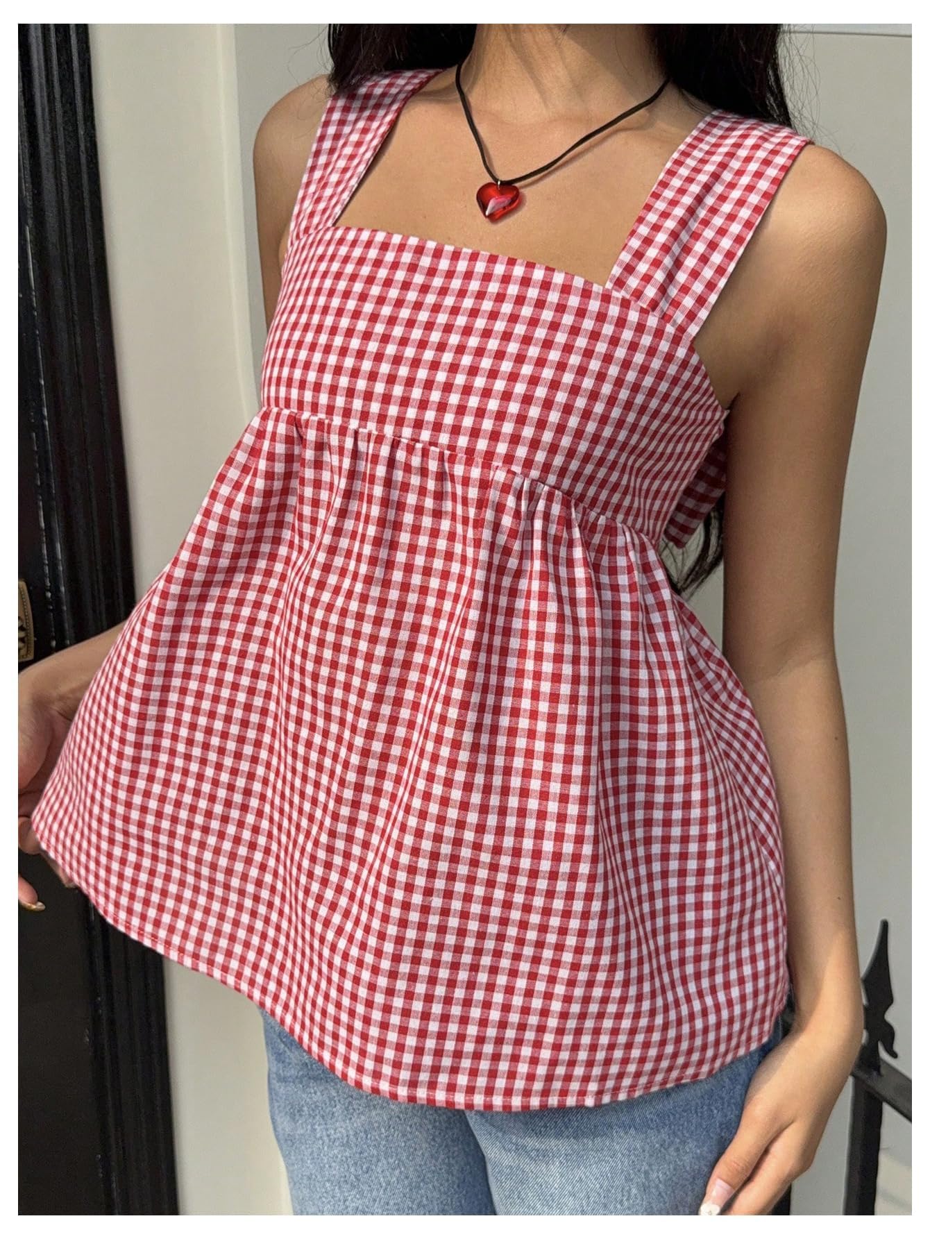 WDIRARA Women's Square Neck Tie Back Tank Top Plaid Peplum Babydoll Tops Red and White XX-Large