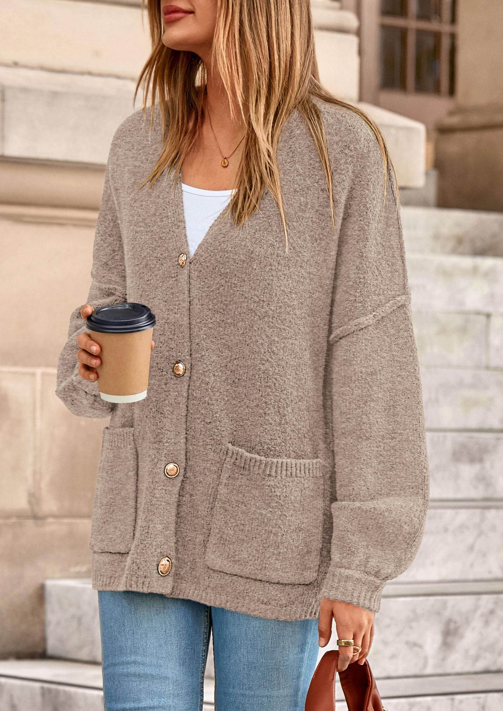 PRETTYGARDEN Fall Chunky Cardigan Sweaters for Women 2026 Button Long Lantern Sleeve Knit Oversized Coats with Pockets(Light Khaki,Medium)