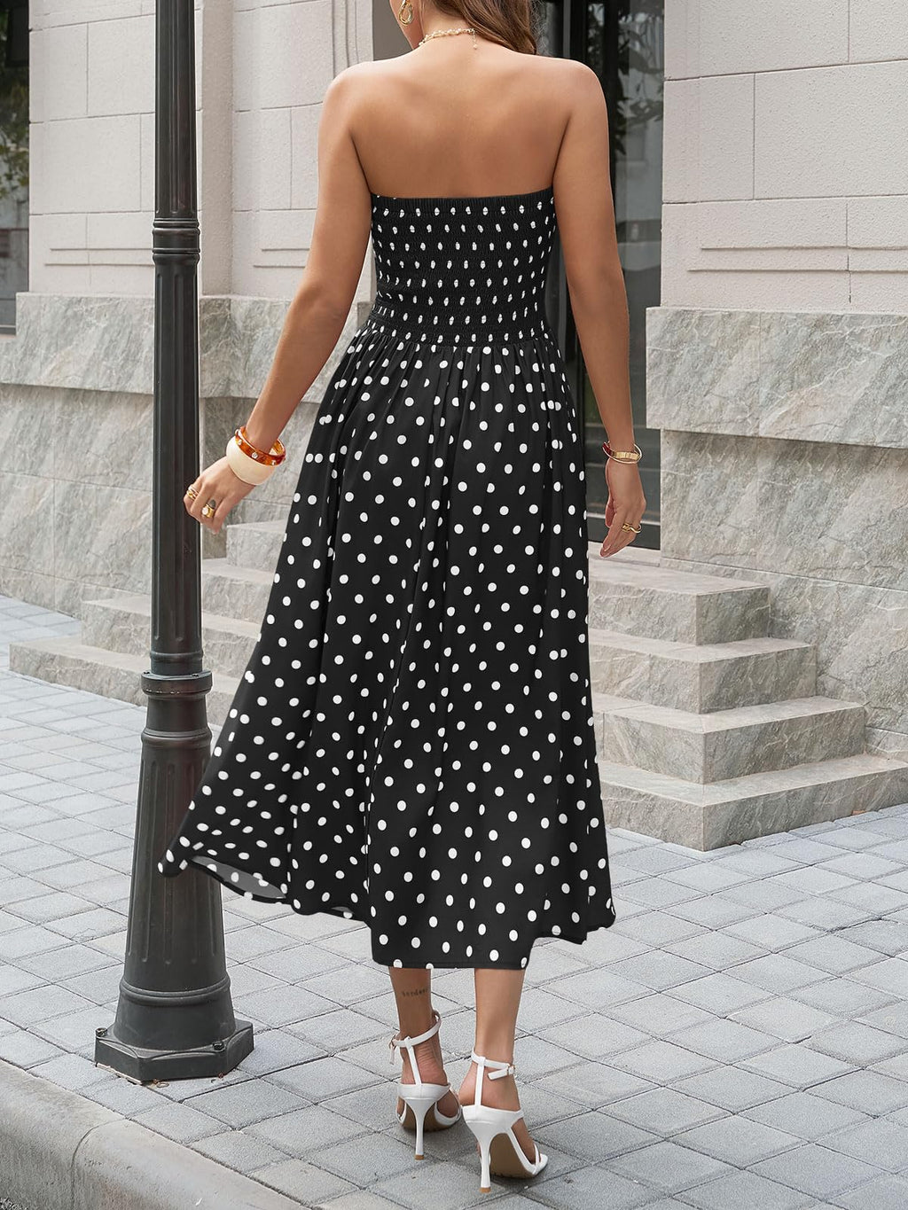 Wenrine Womens Polka Dot Strapless Dress Summer Smocked Tube Top Casual Sleeveless Swing Flowy Maxi Dresses with Pockets