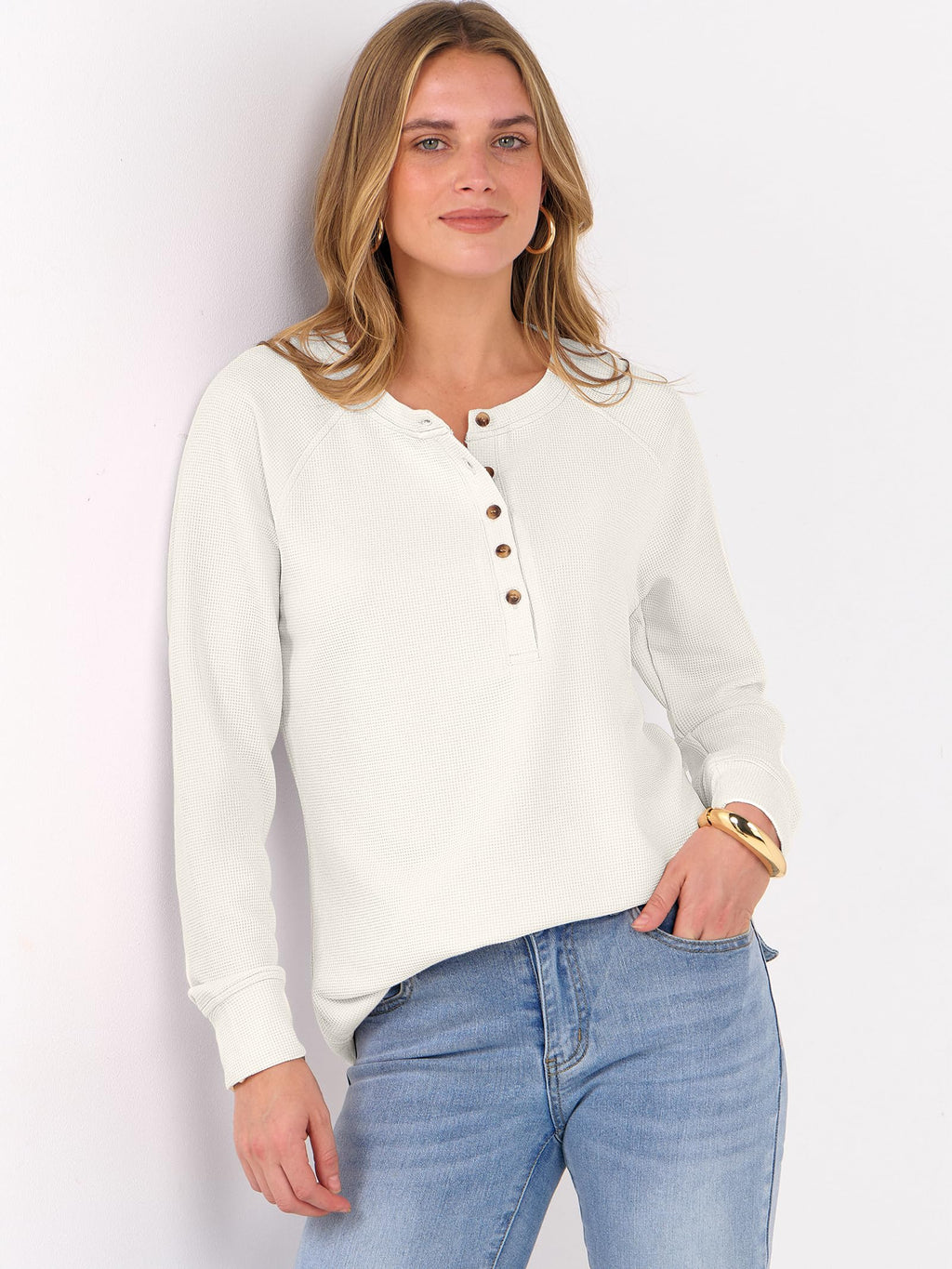 ANRABESS Women's Long Sleeve Waffle Knit Shirts Dressy Casual Loose Button Up V Neck Henley Tops 2026 Fall Basic Tee Blouse Beige Large