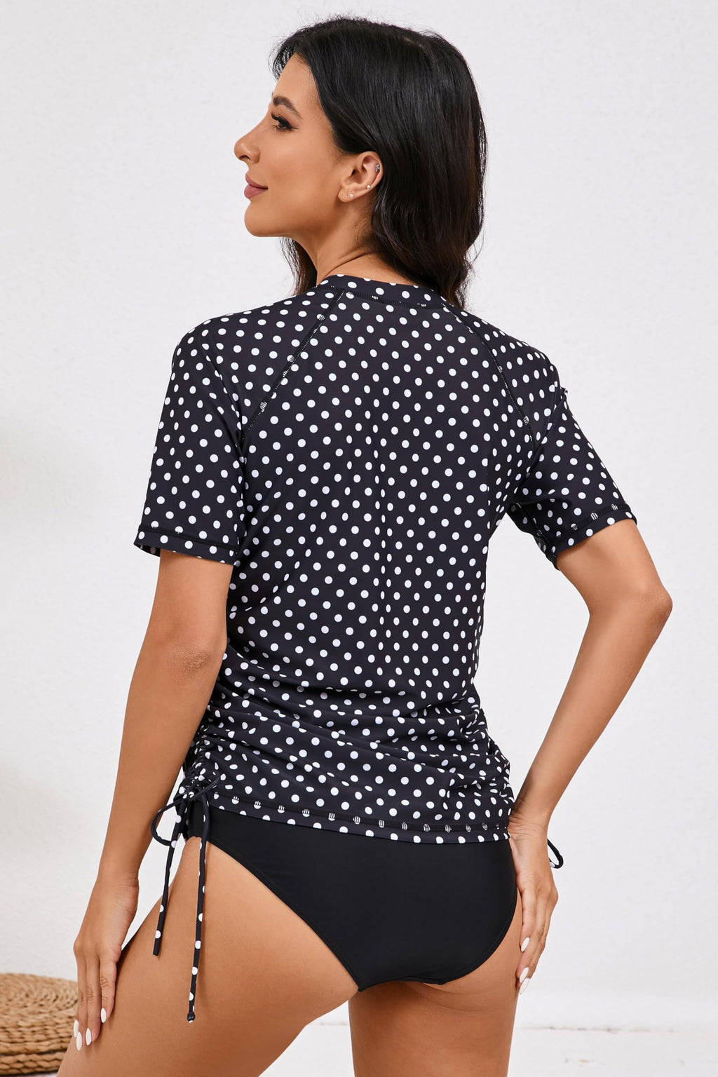 Halcurt Women's Short Sleeve Rash Guard Swim Shirt with Bra Half Zip Tie Drawstring UPF50+ Swimsuit Top Black Palka Dots 2XL