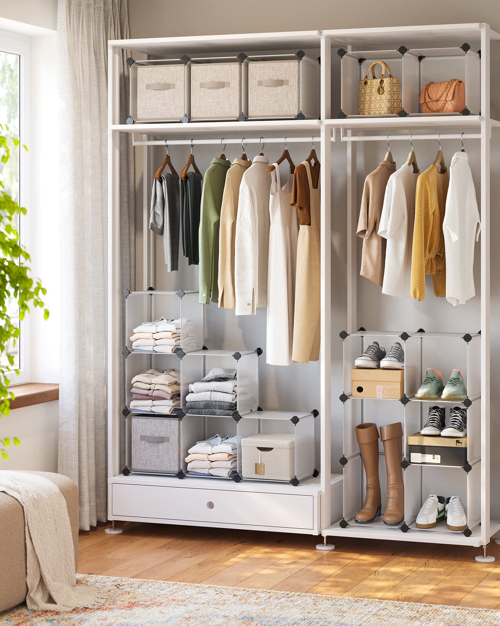SONGMICS Cube Storage Organizer, Set of 16 Plastic Cubes, Book Shelf, Closet Organizers and Storage, Room Organization, Bedroom Living Room, 12.2 x 48.4 x 48.4 Inches, White ULPC44L