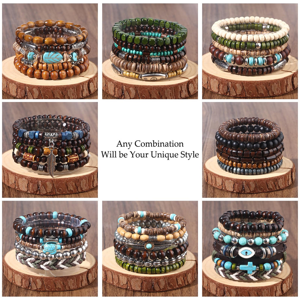 Giovanchi 44 PCS Beaded Bracelets for Mens Larger Size Women Adjustable Boho Punk Braided Wooden Bead Bracelet Bulk Wood Bangles Wristbands Meaningful Jewelry Gift