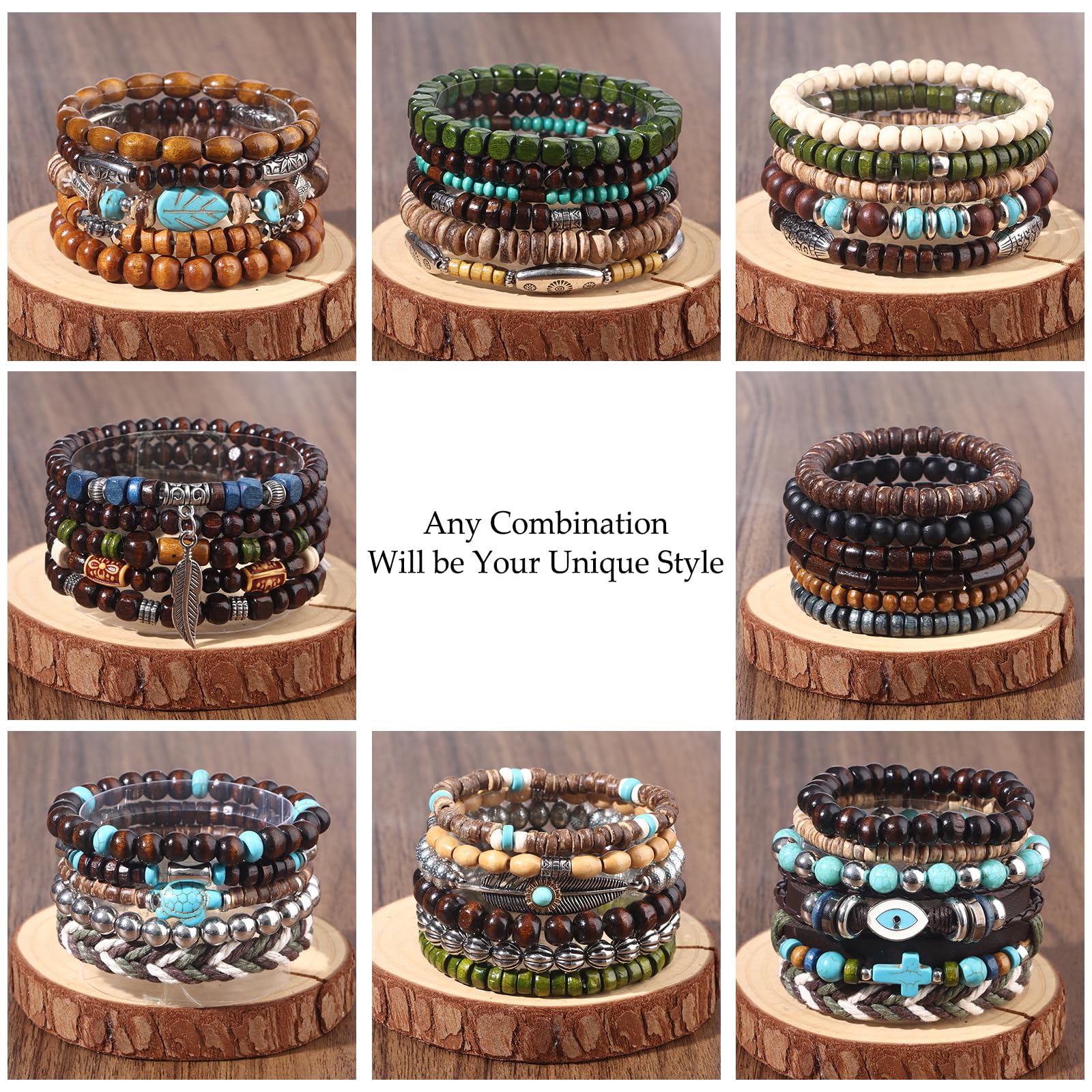 Giovanchi 44 PCS Beaded Bracelets for Mens Larger Size Women Adjustable Boho Punk Braided Wooden Bead Bracelet Bulk Wood Bangles Wristbands Meaningful Jewelry Gift
