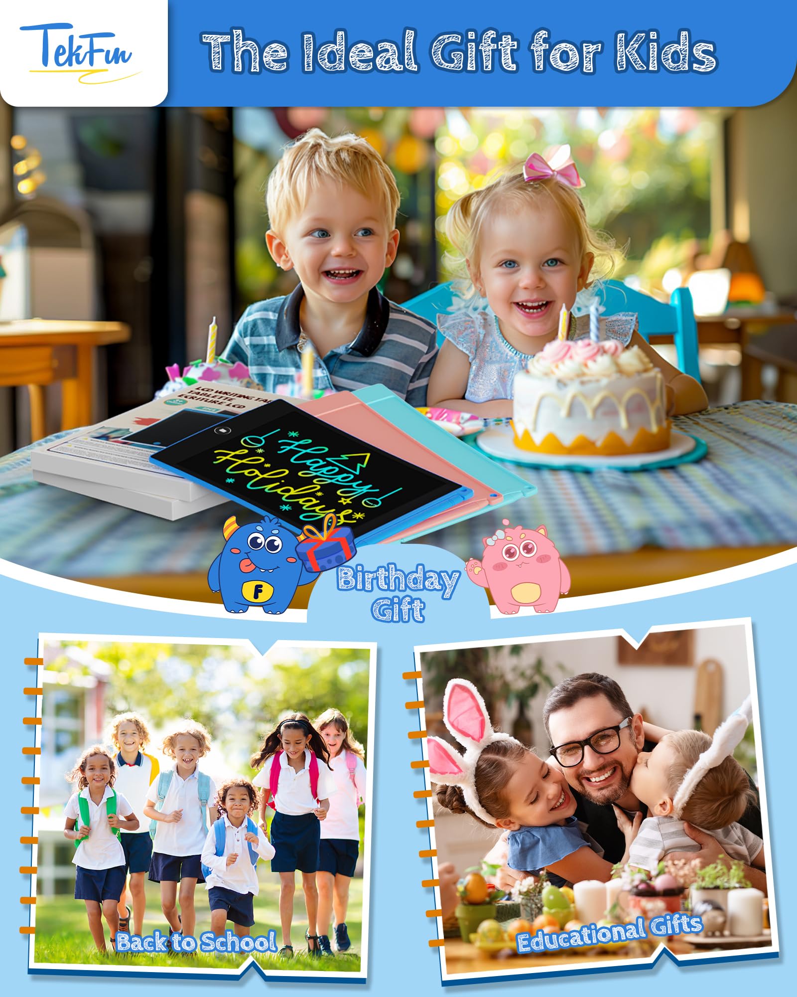 TEKFUN Kids Toys, 2Pcs LCD Writing Tablet with 4 Stylus, 8.5in Erasable Doodle Board Mess Free Drawing Pad for Kids, Car Trip Educational Toys Birthday for 3 4 5 6 7 Girls Boys