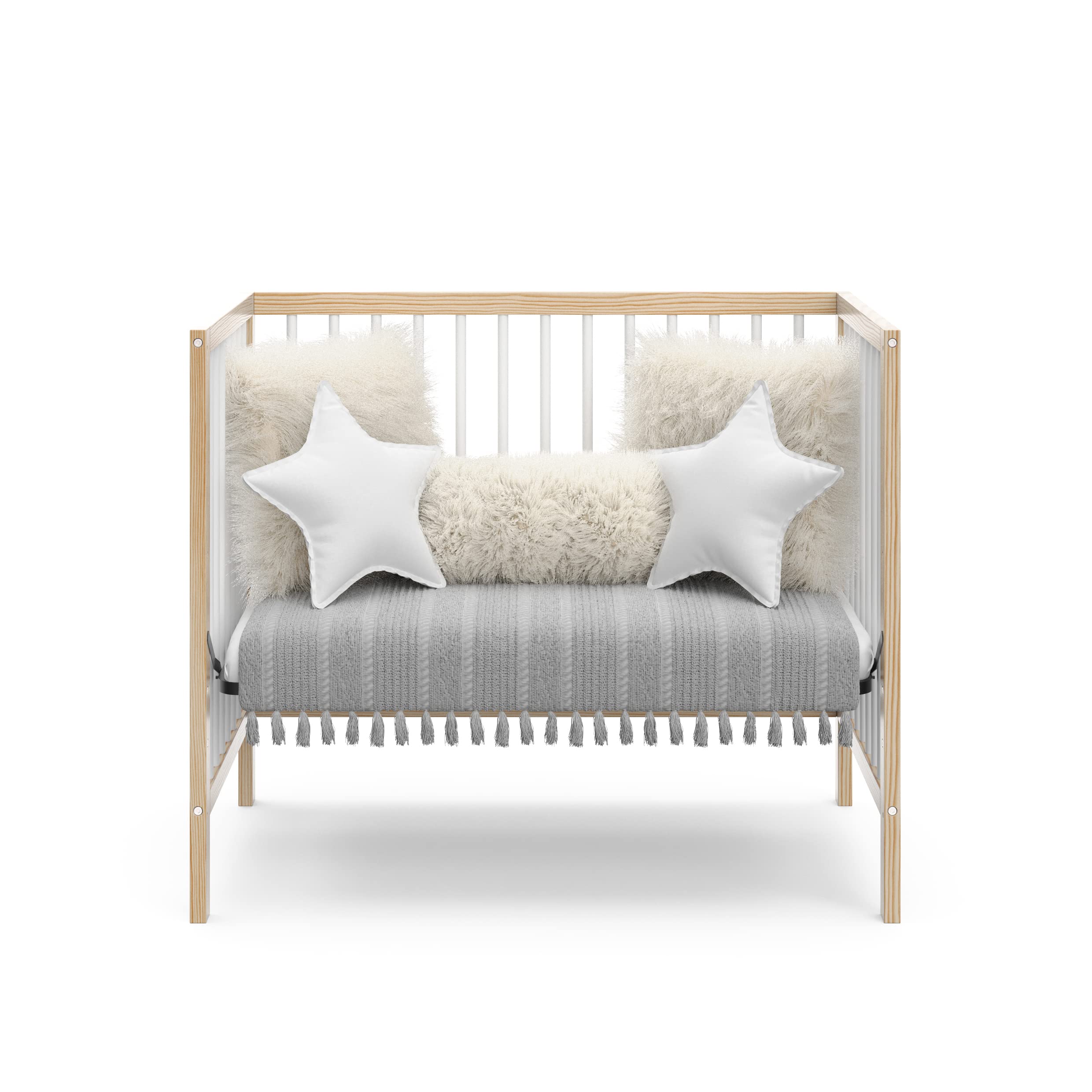 Graco Teddi 4-in-1 Convertible Mini Crib with Bonus Water-Resistant Mattress (Natural with White) – GREENGUARD Gold Certified, 2.75-Inch Mattress Included, Convenient Size, Easy 30-Minute Assembly