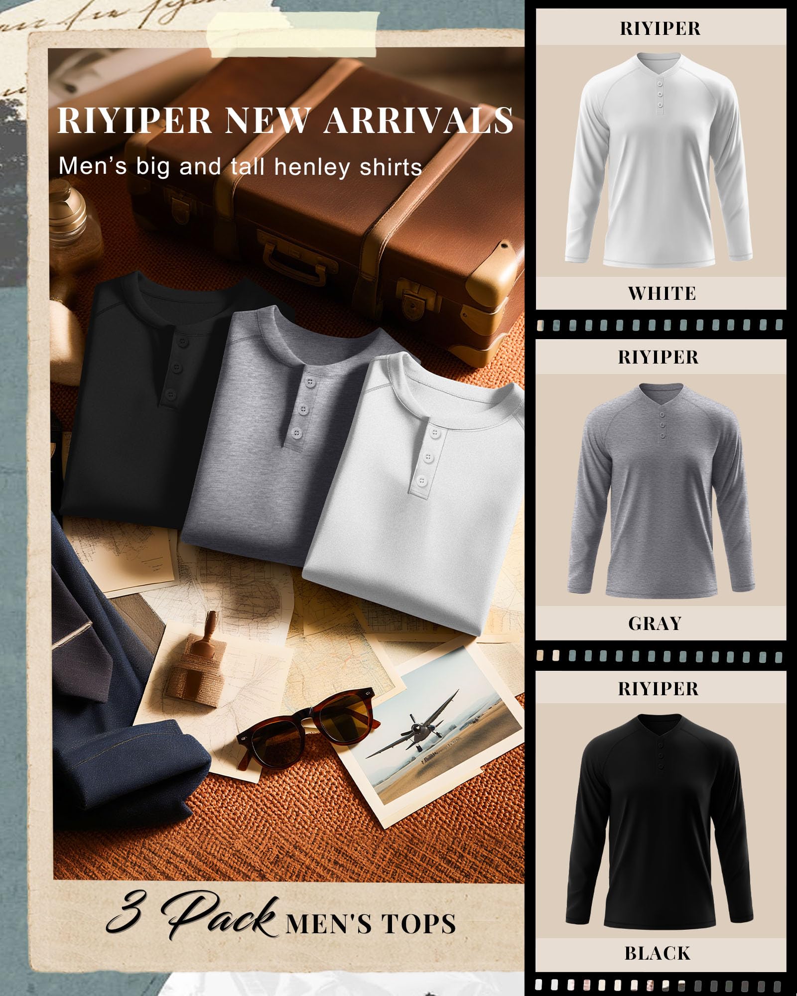 Riyiper 3 Pack Men's Big and Tall Henley Shirts Long Sleeve L-5XL Raglan Loose Casual Stretchy Tops Fall Basic Tee(Black, Gray, White,4X-Large)