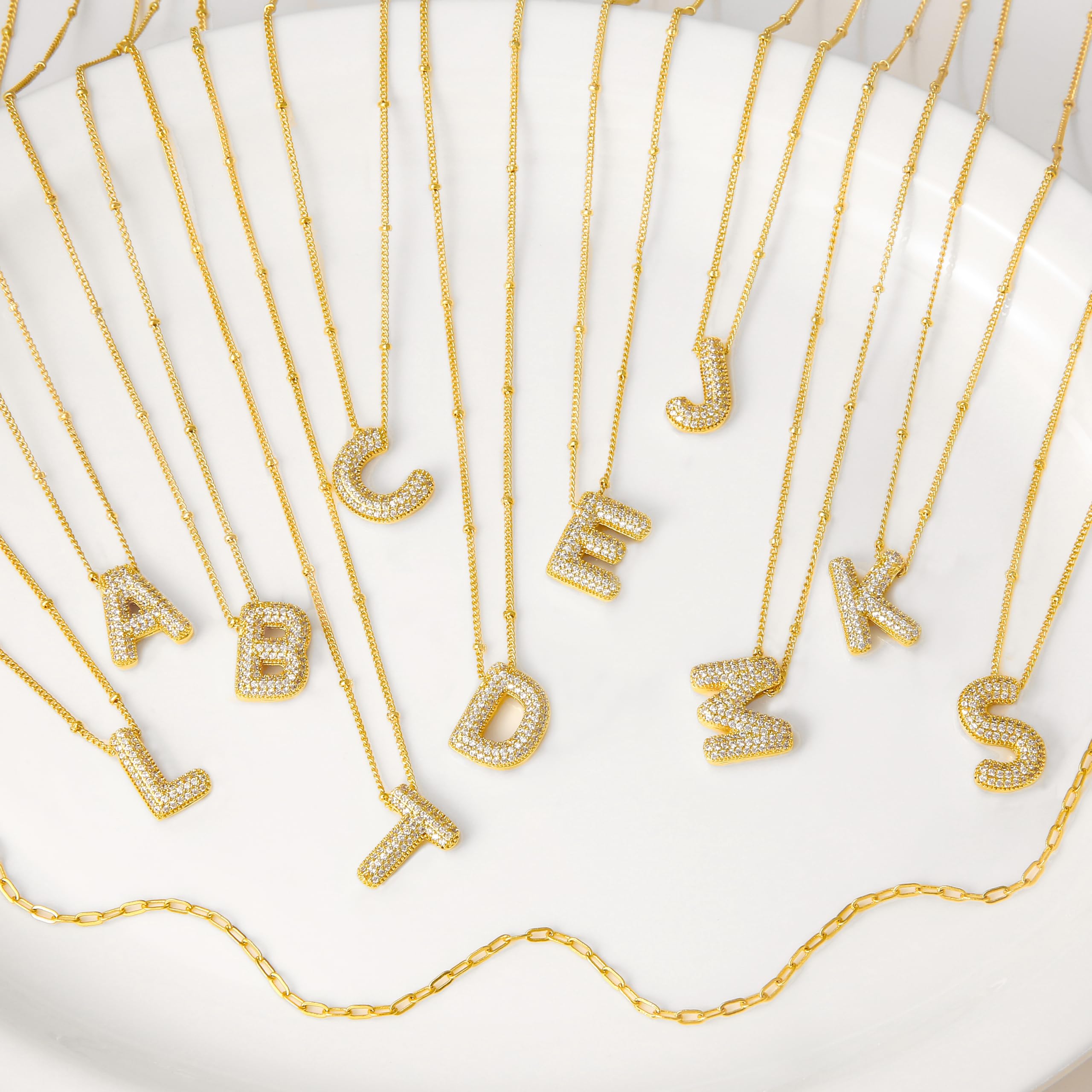Tasunom Double Layer Initial Necklace, 14K Gold Plated, CZ Crystal Letter Pendant, A-Z Available (T, gold)