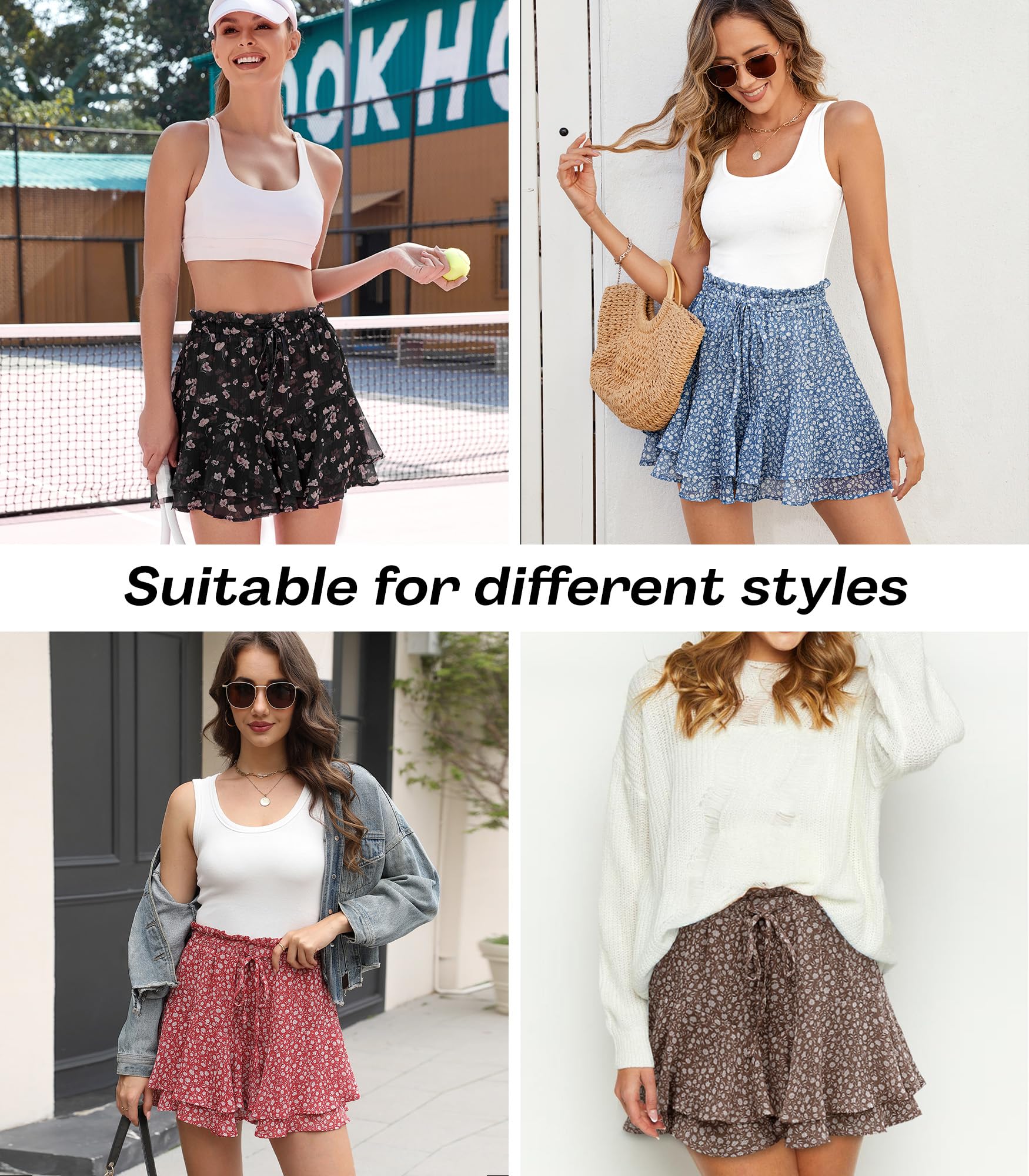 LOMMOJ Shorts for Women Summer Casual Ruffle Chiffon Skorts Boho Mini Skirts Black Floral S