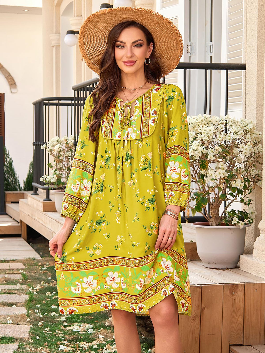 Qearal Summer Dresses for Women 2026 Vacation, 3/4 Sleeve Loose Tunic Dress Boho Beach Sun Dress Knee Length Light Yellow XL