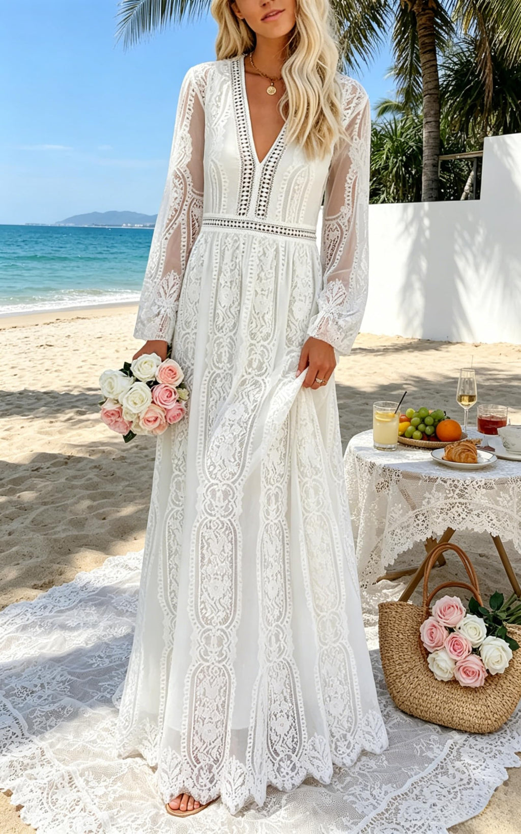 Women's V Neck Long Sleeves White Lace Maxi Wedding Dress Boho Flowy Wedding Guest Formal Party Dress Fall Winter Spring