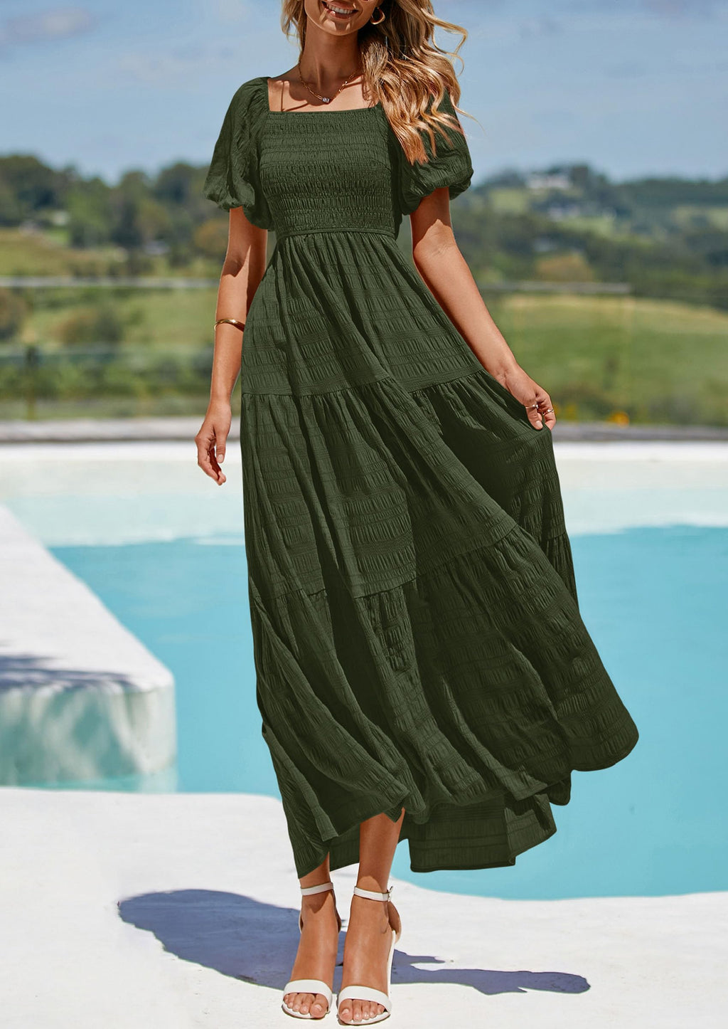 PRETTYGARDEN Womens Summer Puff Short Sleeve Maxi Dress Square Neck Smocked Tiered Ruffle A Line Long Flowy Beach Dresses (Army Green,Medium)
