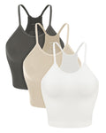 ODODOS Women's Crop Camisole 3-Pack Seamless Rib-Knit Crop Tank Tops, Long Crop, White+Charcoal+Mushroom, Medium/Large