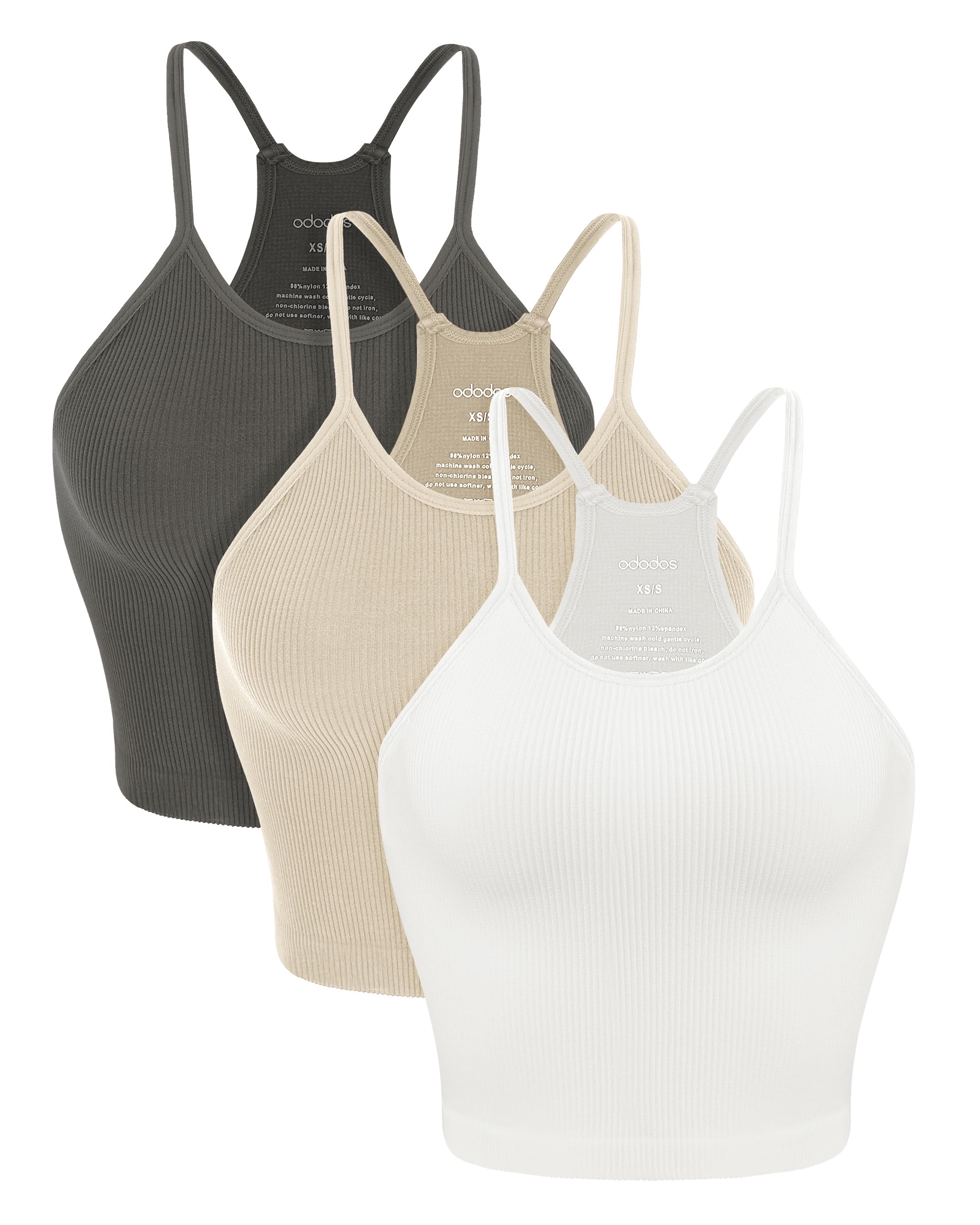 ODODOS Women's Crop Camisole 3-Pack Seamless Rib-Knit Crop Tank Tops, Long Crop, White+Charcoal+Mushroom, Medium/Large
