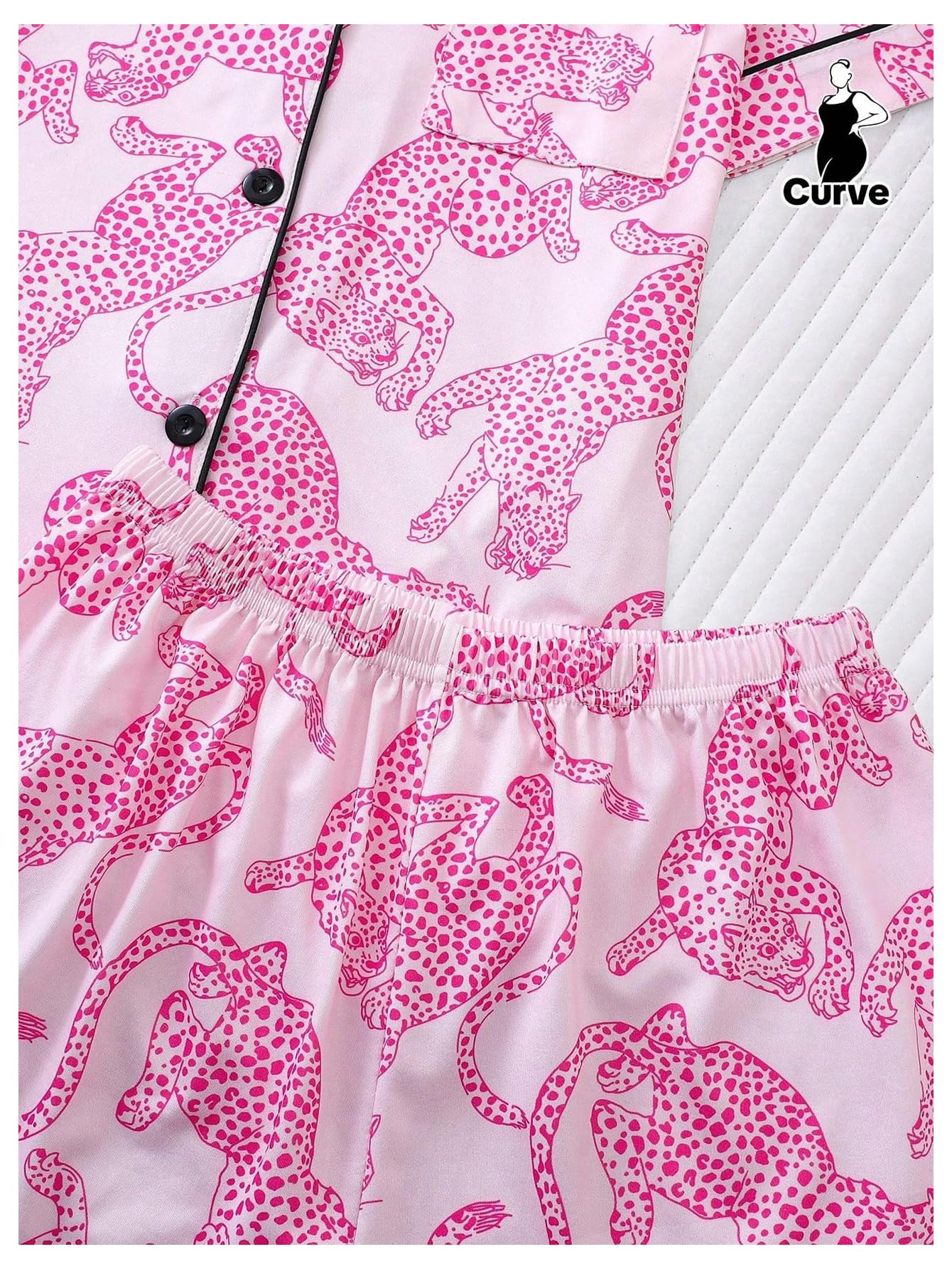 WDIRARA Women's Two Piece Animal Print Short Sleeve Button Shirt and Elastic Waist Shorts Pajama Set Hot Pink Medium