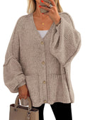 PRETTYGARDEN Fall Chunky Cardigan Sweaters for Women 2026 Button Long Lantern Sleeve Knit Oversized Coats with Pockets(Light Khaki,Medium)