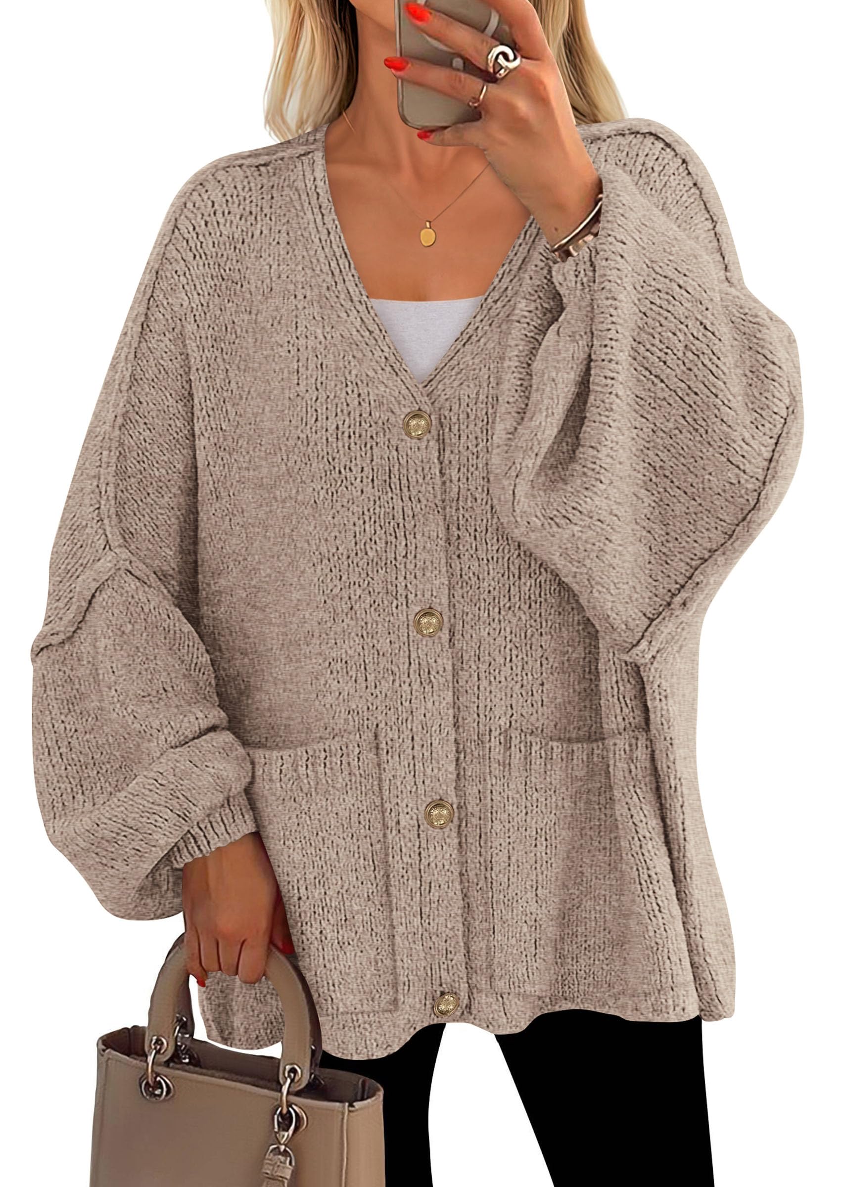 PRETTYGARDEN Fall Chunky Cardigan Sweaters for Women 2026 Button Long Lantern Sleeve Knit Oversized Coats with Pockets(Light Khaki,Medium)