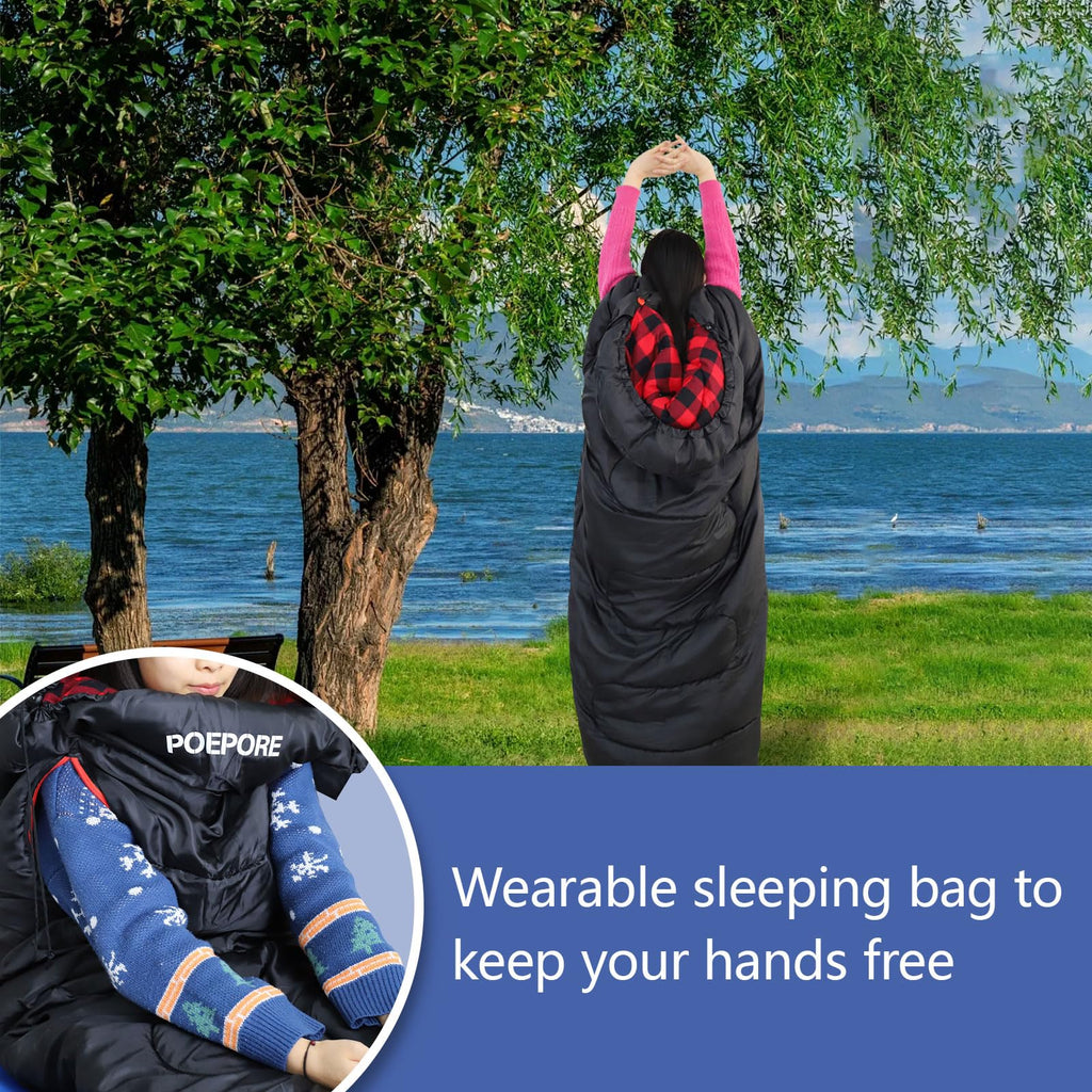 POEPORE Flannel Sleeping Bag Lightweight Warm Weather 3-4 Seasons for Adults XL Wearable Sleeping Bag Waterproof with Compression Sack Black/Red