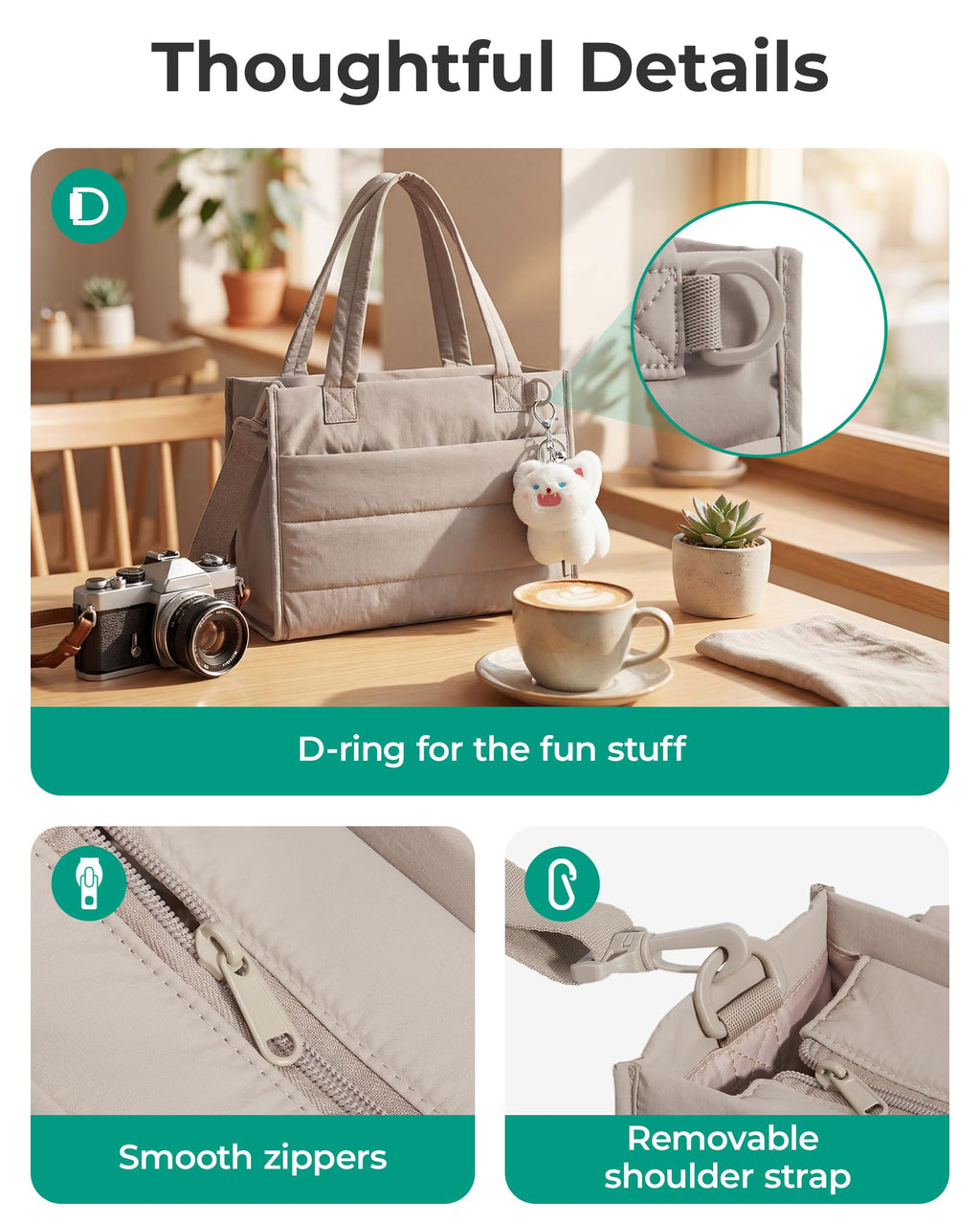 BAGSMART Mini Tote Bag for Women, Puffer Quilted Crossbody Purses, Zipper Closure for Work Travel College, Coffee