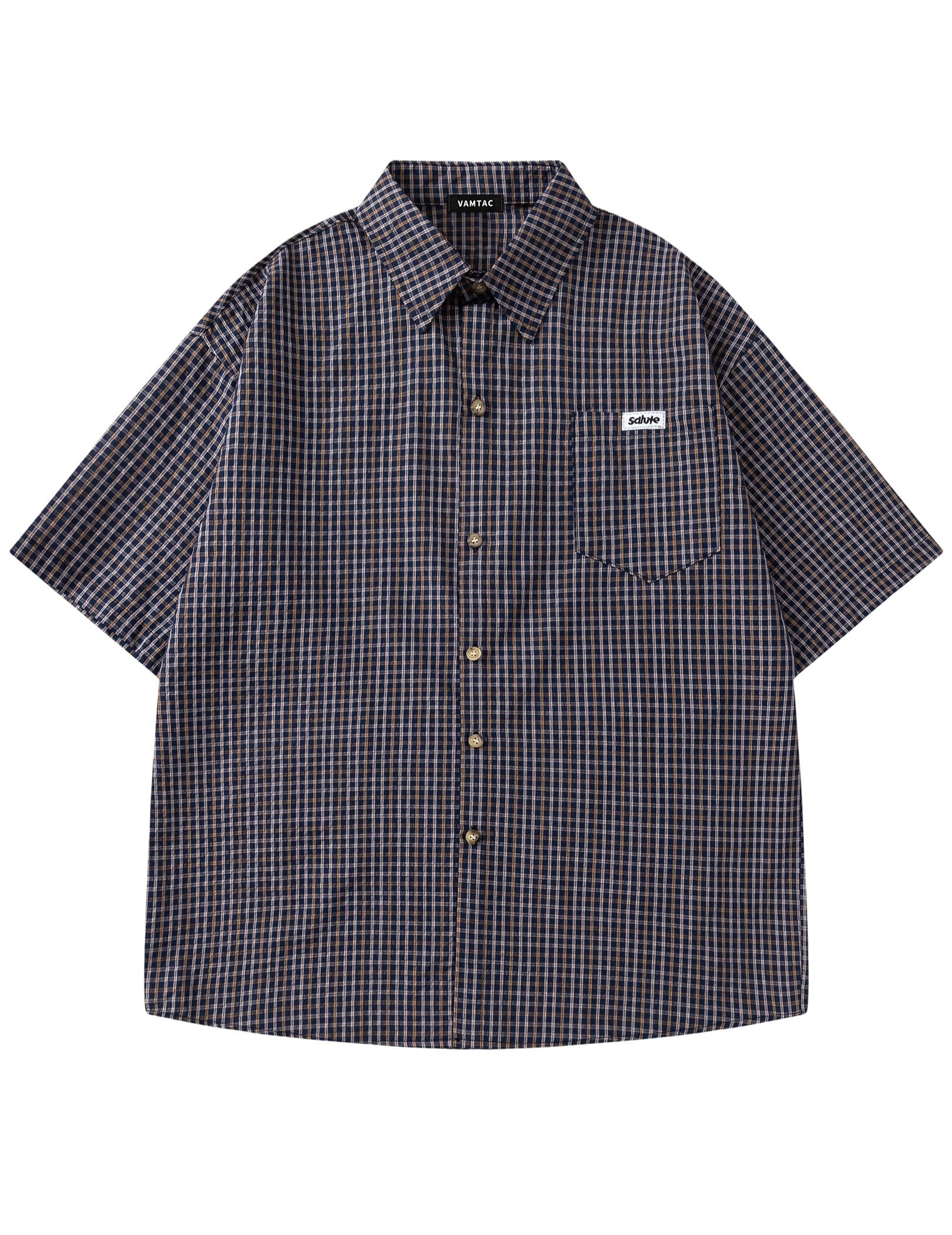 Vamtac Mens Button Down Shirts - Short Sleeve Shirt, Novelty Y2k Outfits, Plaid Tops Blue Brown