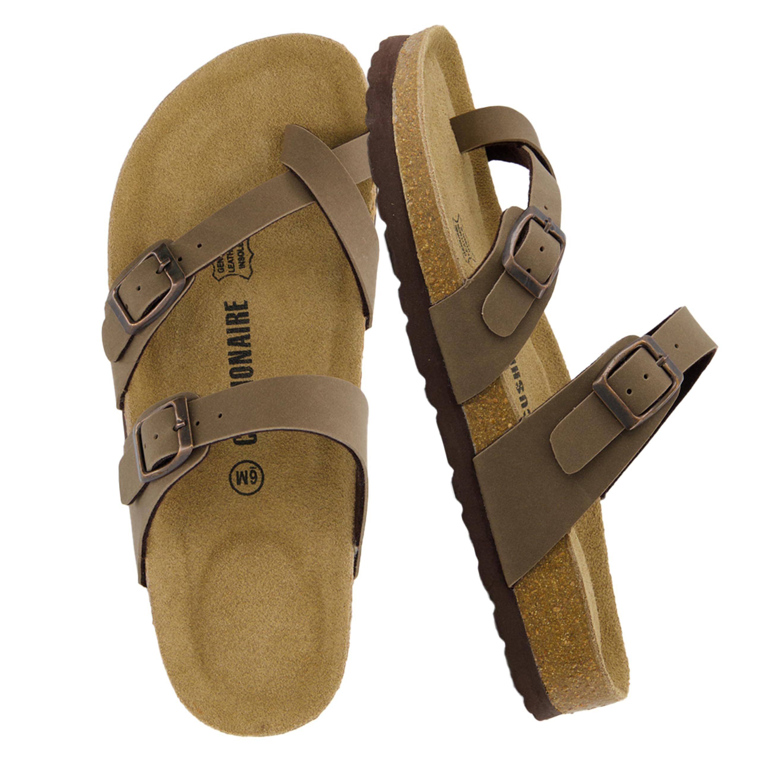 CUSHIONAIRE Luna Sandals for Women, Cork Footbed Womens Sandals for Summer Comfort with Adjustable Straps, Wide Width Available, BROWN 7.5