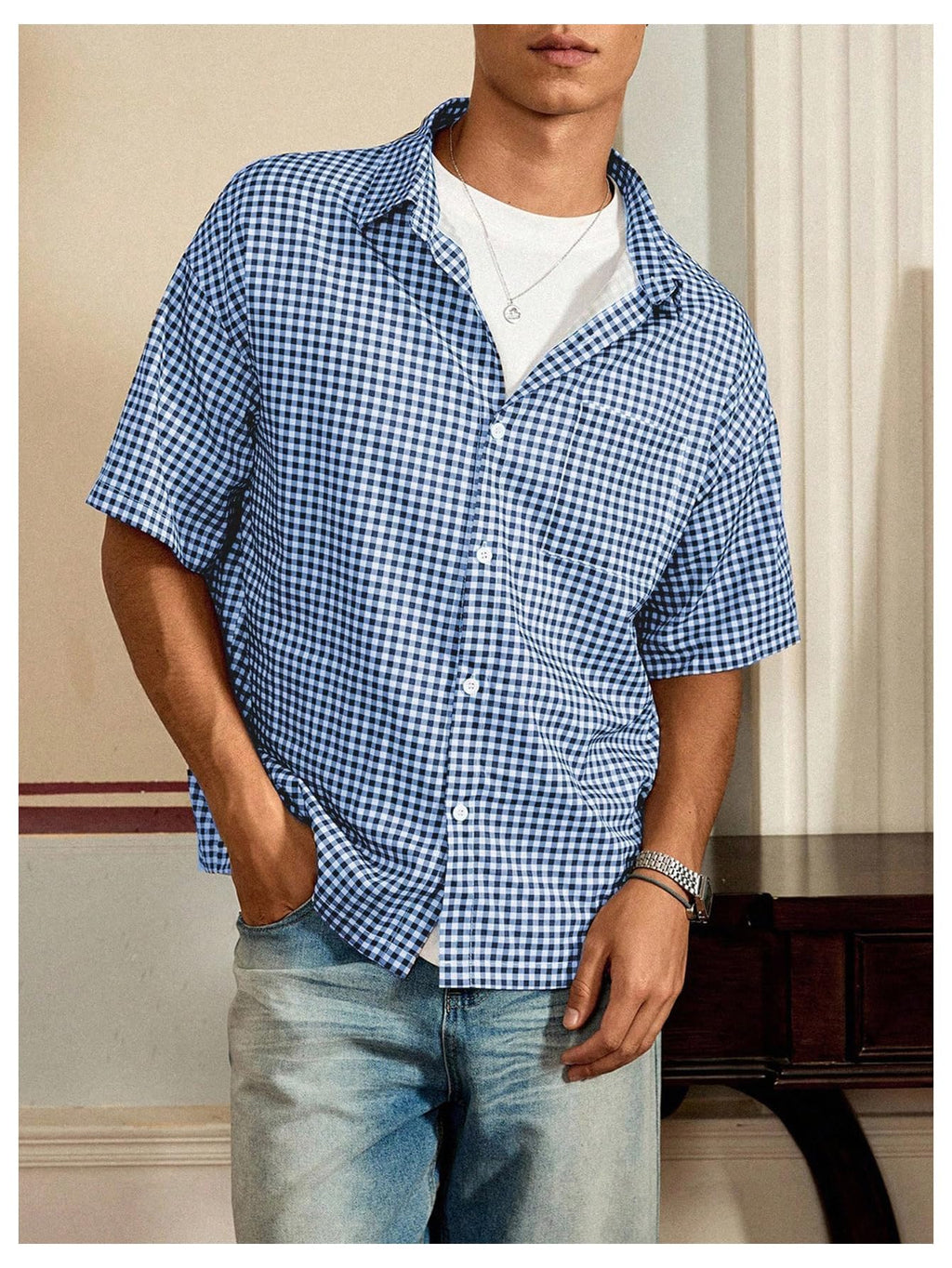 GORGLITTER Men's Plaid Button Up Crop Top Shirt Gingham Short Sleeve Tee Shirts Blue and White Small