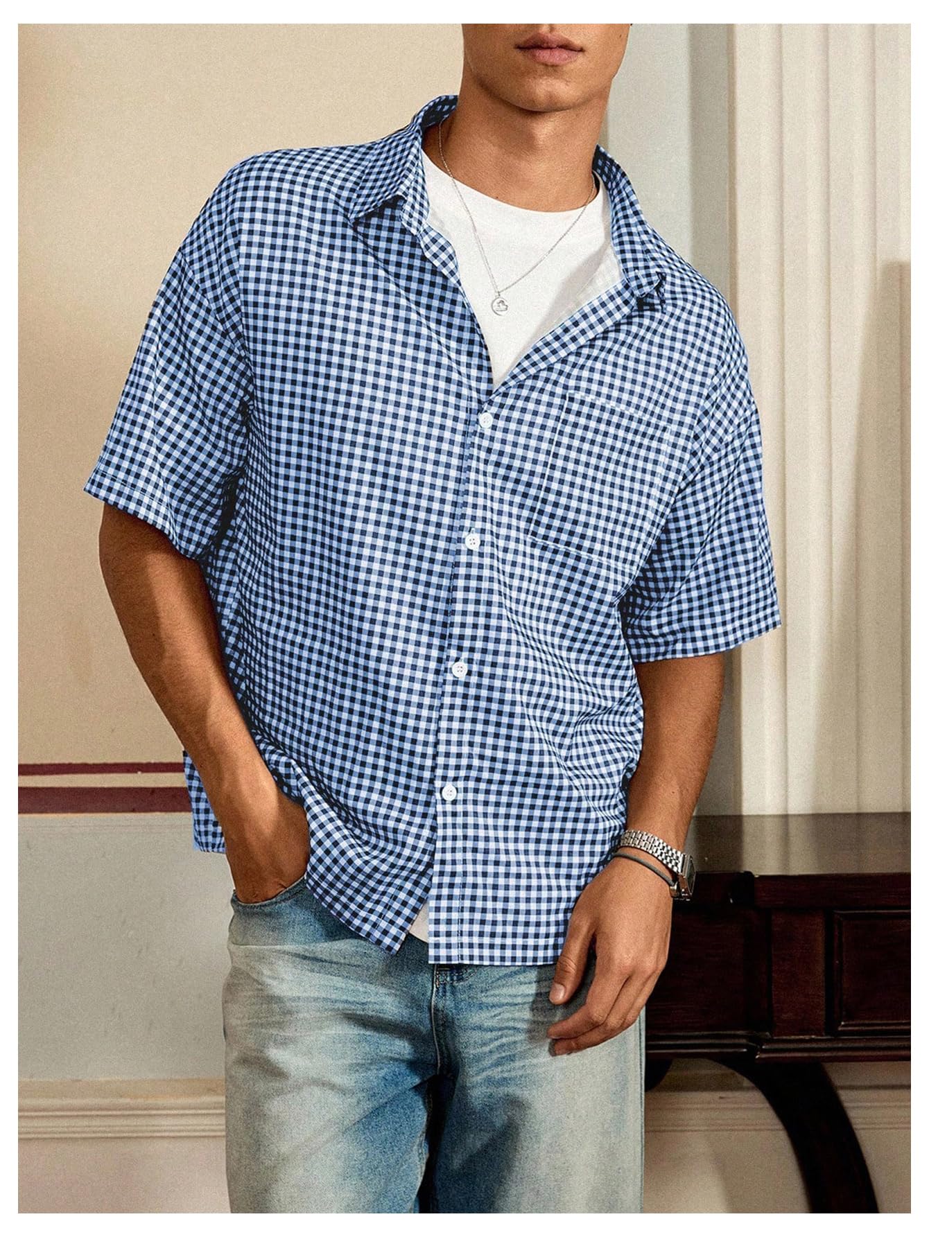 GORGLITTER Men's Plaid Button Up Crop Top Shirt Gingham Short Sleeve Tee Shirts Blue and White Small