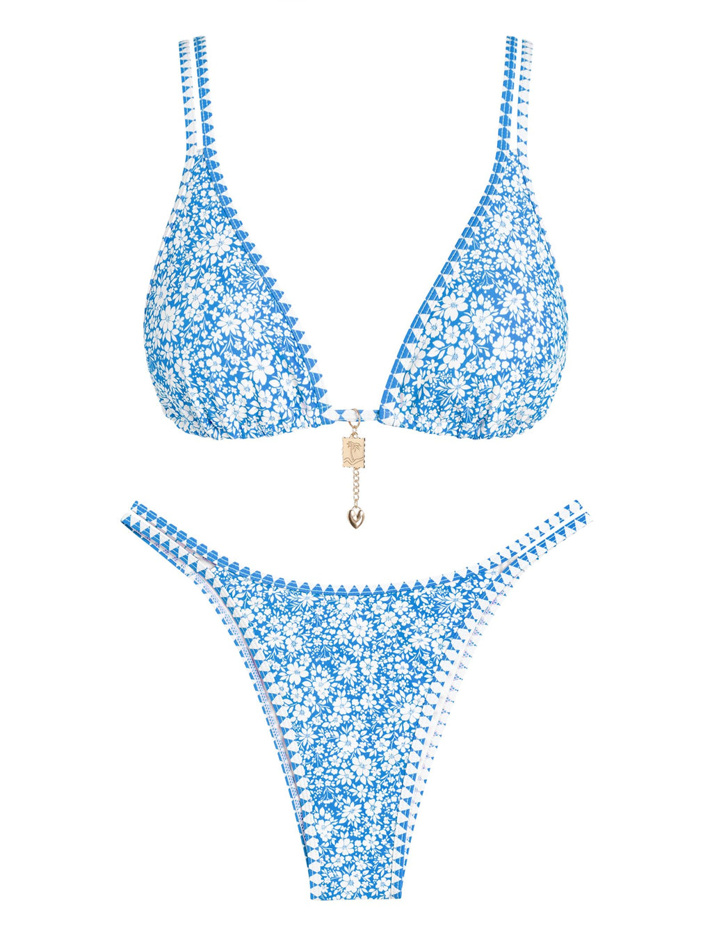 ZAFUL Women's Floral Bikini Set Color Block Double Spaghetti Strap High Cut Swimsuit Two Piece Bathing Suits(1-Blue, S)