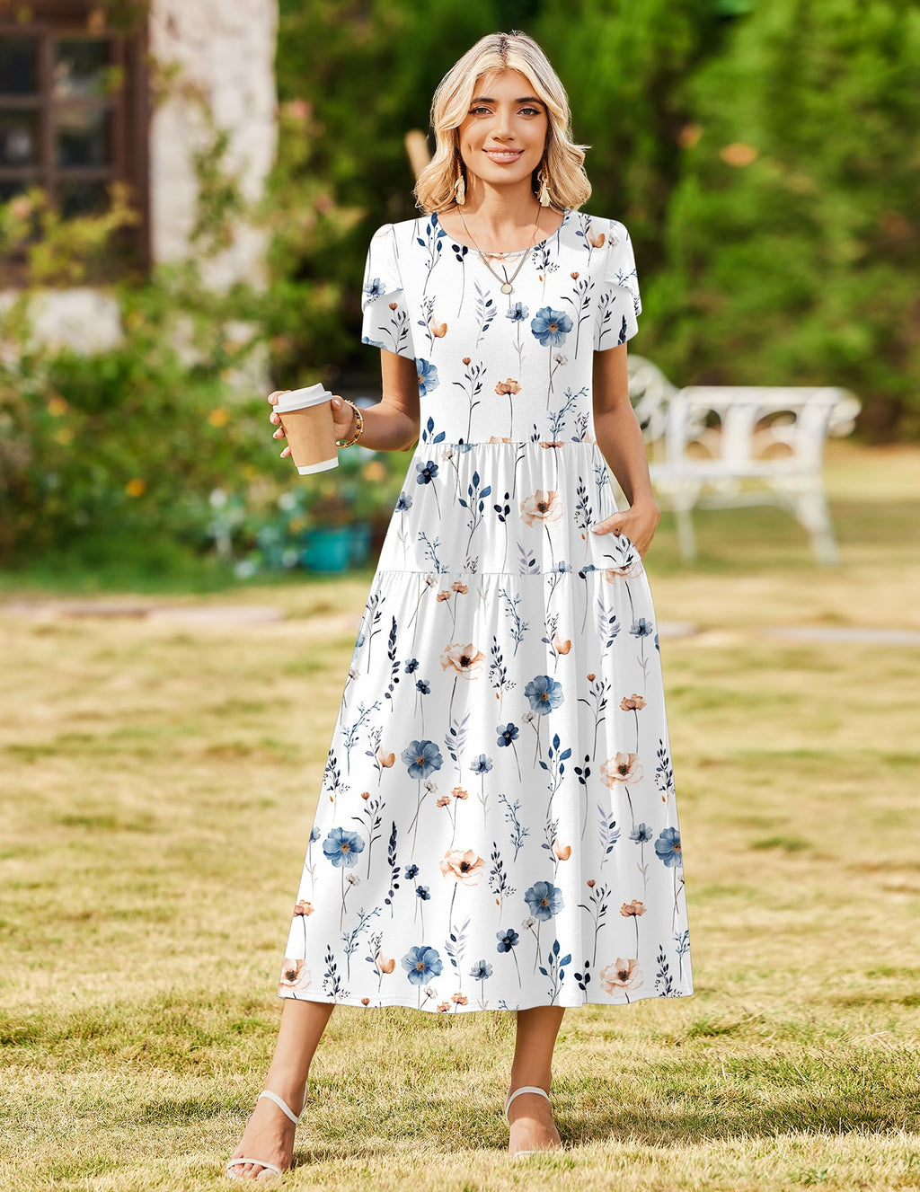 Zeagoo Ladies Summer Dresses Short Sleeve Flowy Round Neck Bohemian Beach Dress White Floral S