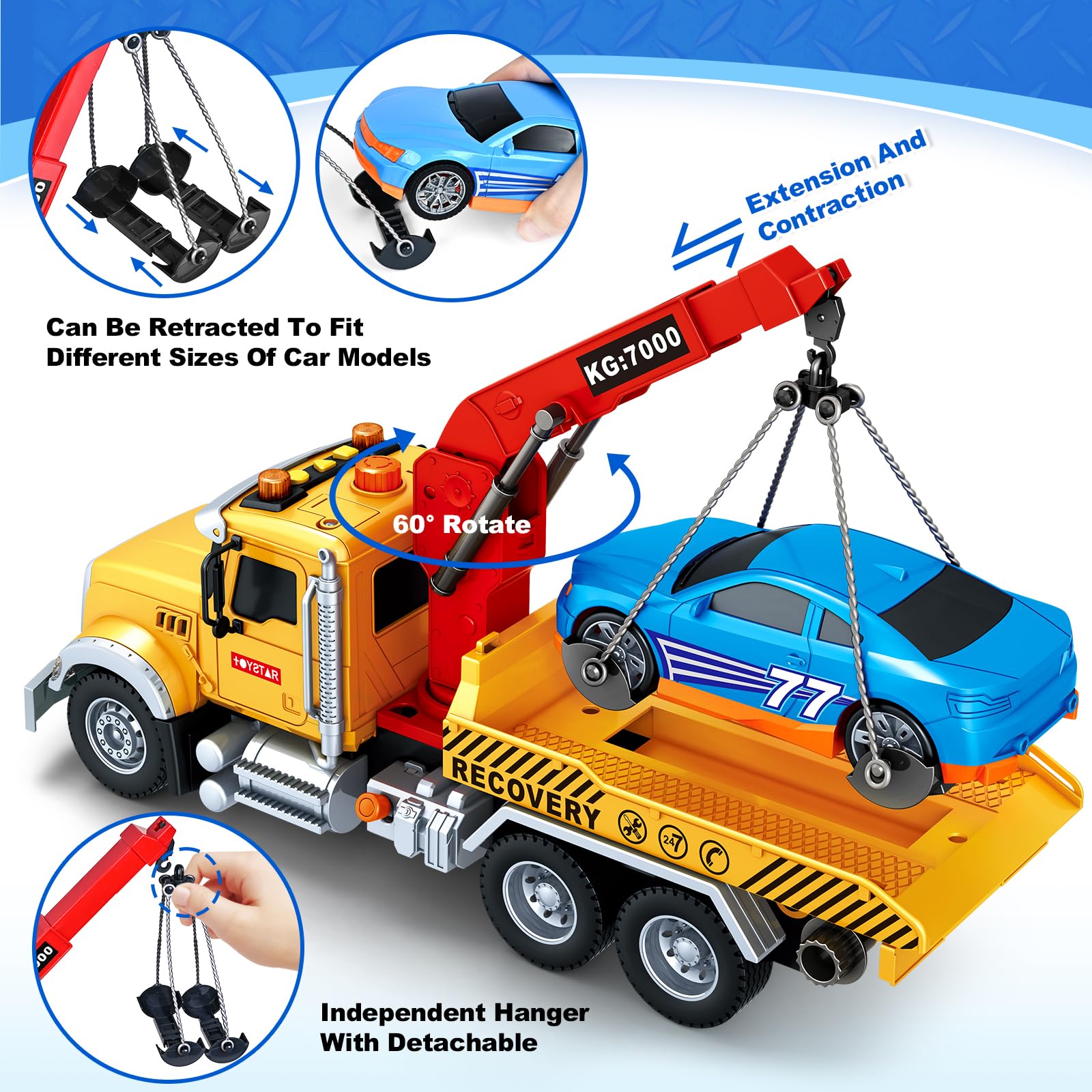 Kids Toys for 3 4 5 6 7 Years Old Boys, 15" Large Tow Truck Toy, Friction Powered Transport Truck Crane Vehicle Toy with Lights and Sounds, Racing Car, Traffic Signs, Birthday Gifts for Boys Girls