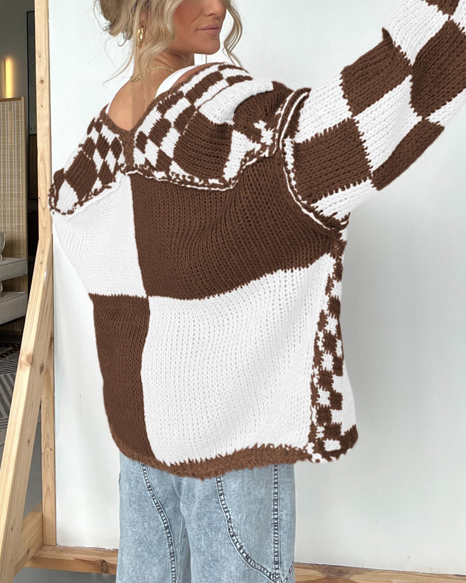 BTFBM Casual Cardigan Sweater for Women Fall 2025 Long Sleeve Open Front Chunky Knit Sweaters Checkered Outwear Coat(Brown,Small)