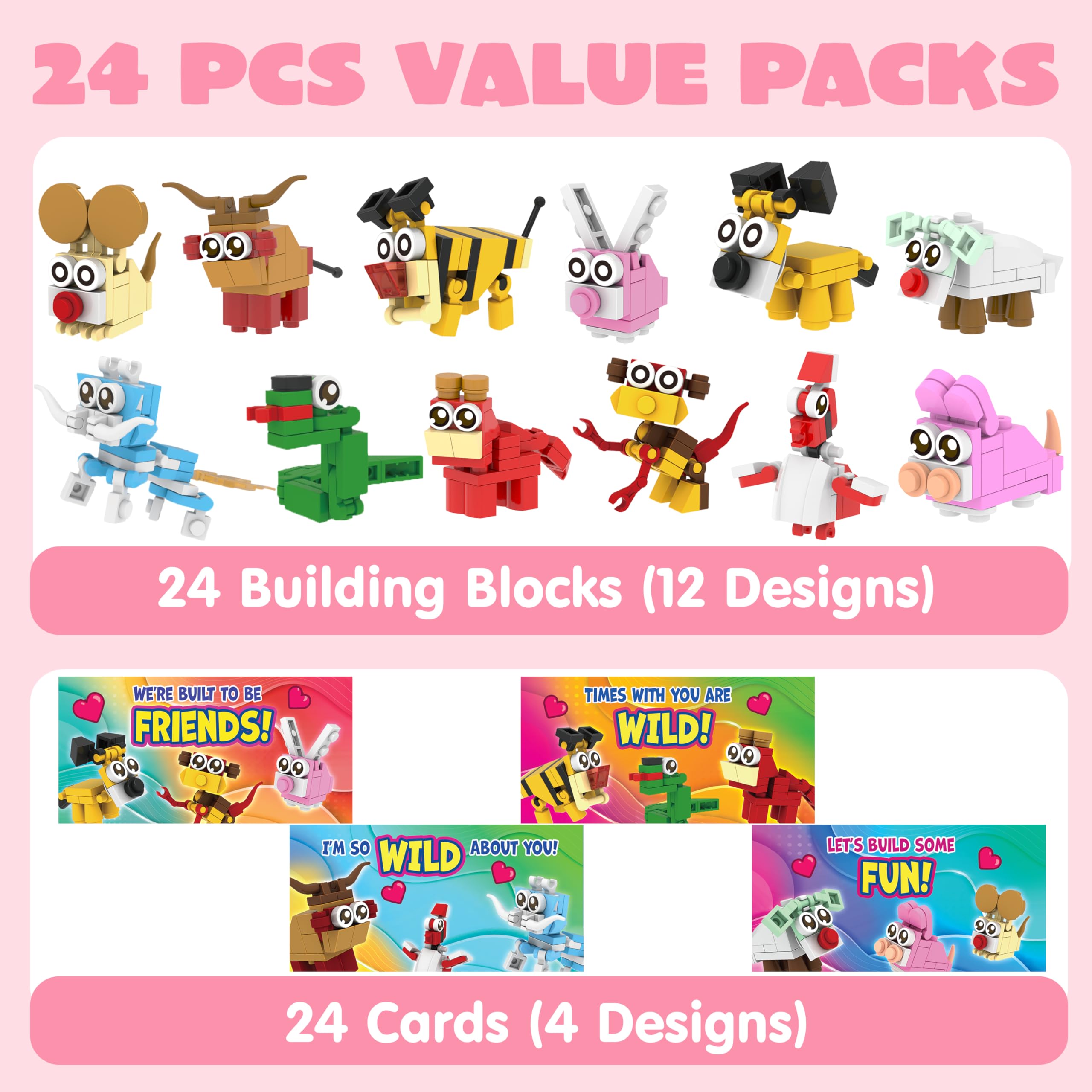 JOYIN 24 Packs Valentines Day Gift Cards with Animal Building Blocks for Party Favor Toy, Valentine's Classroom Exchange, Kids Classroom School Prize