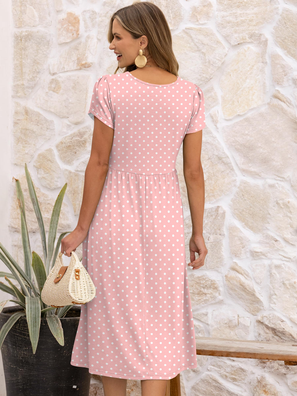 ANRABESS Women's Summer Short Sleeve A-Line Midi Dresses Casual Floral T-Shirt Dresses Flowy Beach Sundress with Pockets Pink Round Dot Large