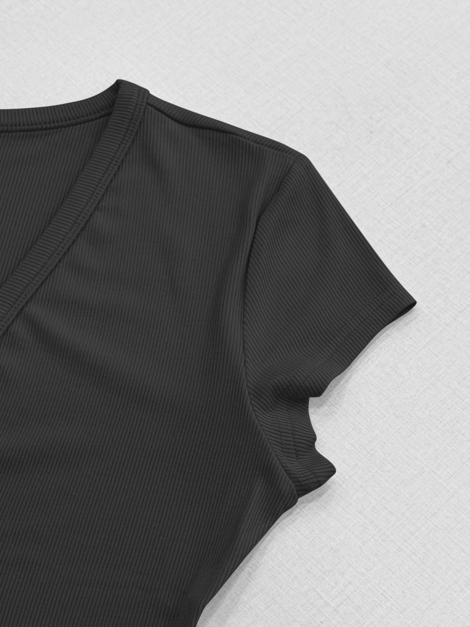 Albe Rita Women Short Sleeve T-Shirt Cap V Neck Shirts for Women Ribbed Casual Top Knit Slim Fit for Summer,Black,M