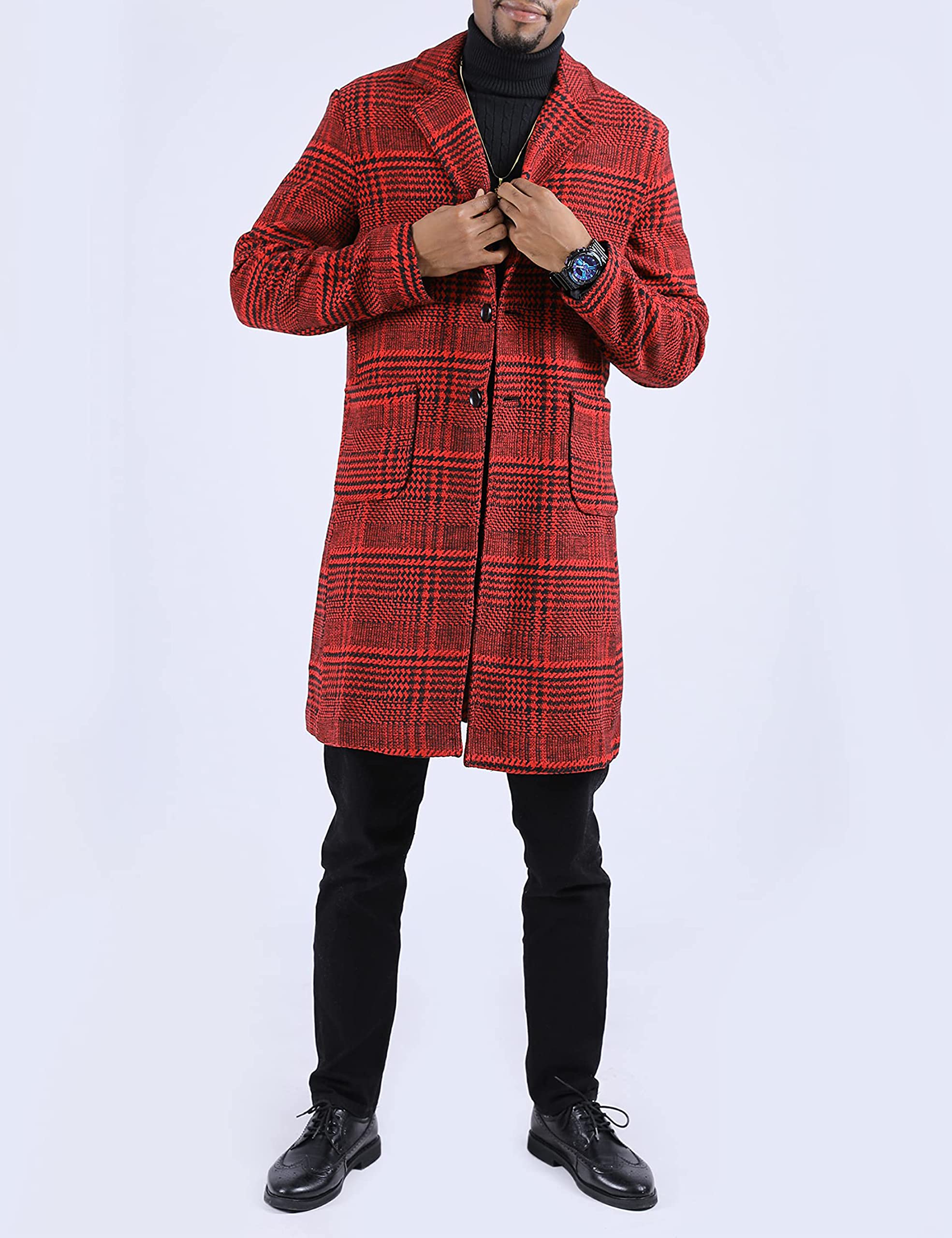 Springrain Men's Wool Blend Pea Coat Notched Collar Single Breasted Overcoat Warm Winter Trench Coat(WineRed-S)