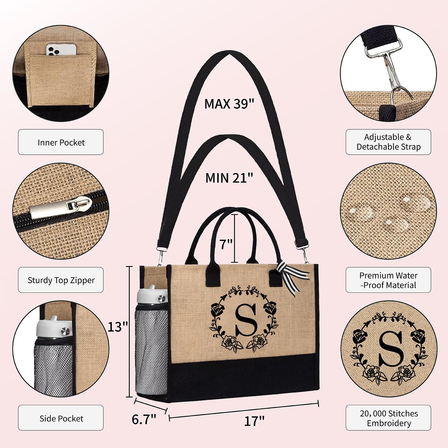 Initial Tote Bag & 3 Makeup Bags, Personalized Mothers Day Gifts for Women, Beach Tote Bag for women w/Zipper, Birthday Gifts for Women Mom Her Girlfriend Wife Sister Friend Daughter(S 4Pcs)