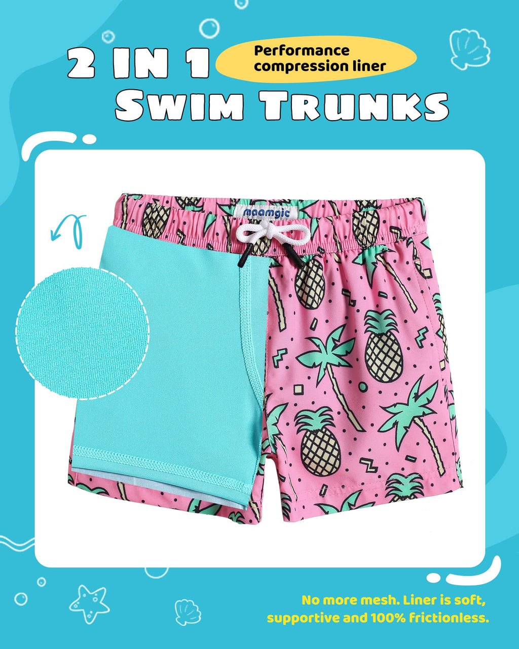 maamgic Boys Swim Trunks with Compression Liner Toddler Stretch Swim Shorts Quick Dry Swimming Trunks Boxer Brief 2 in 1 Beach Shorts Rose Coconut 10/12