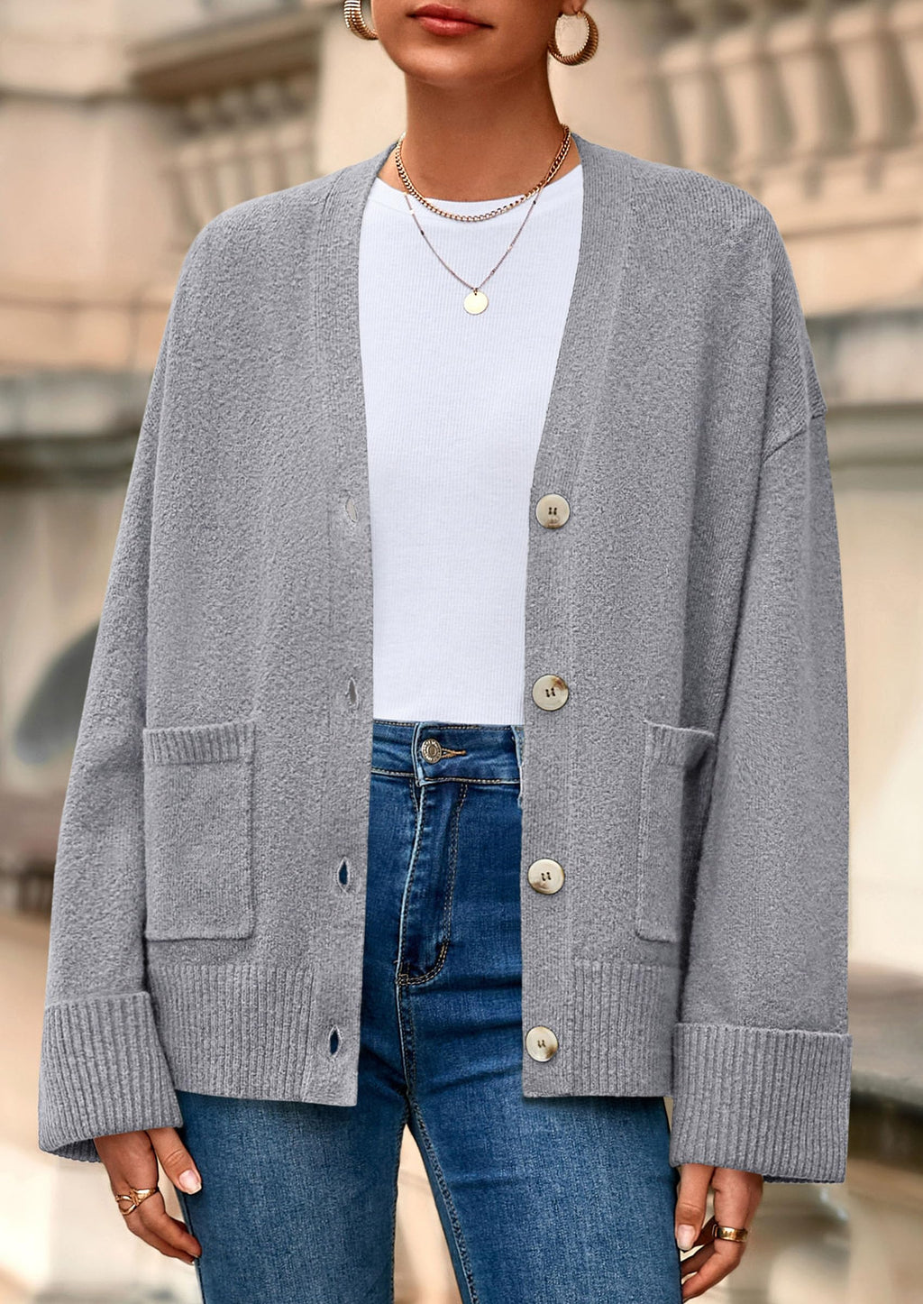 PRETTYGARDEN Women's 2026 Oversized Cardigan Sweaters Trendy Chunky Knit Long Sleeve V Neck Button Down Fall Winter Outfits (Grey,Small)