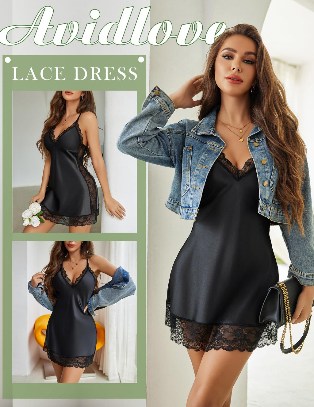 Avidlove Women's Slips Lingerie Nightgown Satin Lace Chemise Sexy Sleepwear S-4XL (Medium, Black)