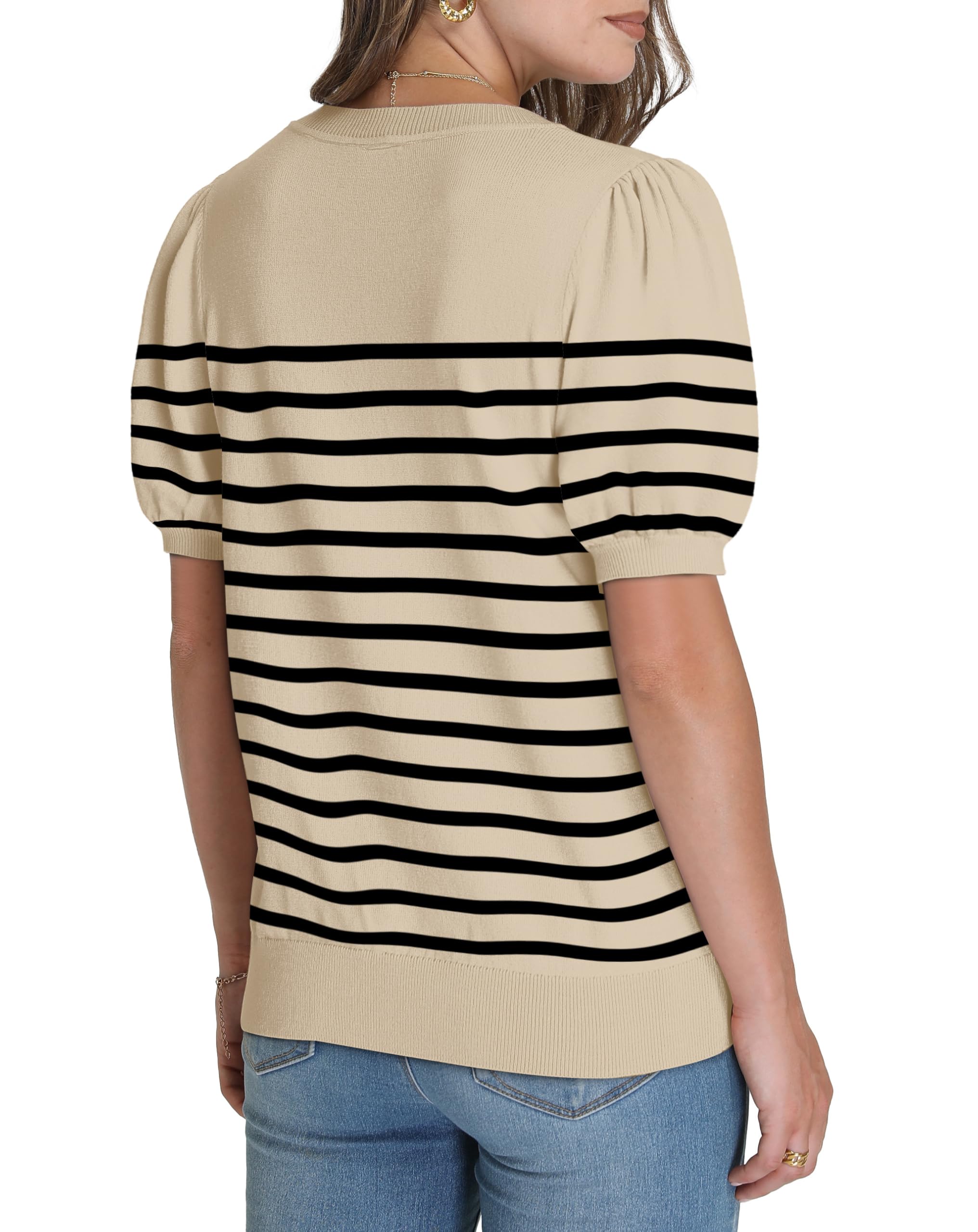 WIHOLL Womens Summer Tops Trendy Puff Short Sleeve Shirts Lightweight Knitted Blouses Spring Summer Business Casual Outfits Womens Clothes Dressy Casual Tshirts 2026 Sweaters Black Striped Shirts L